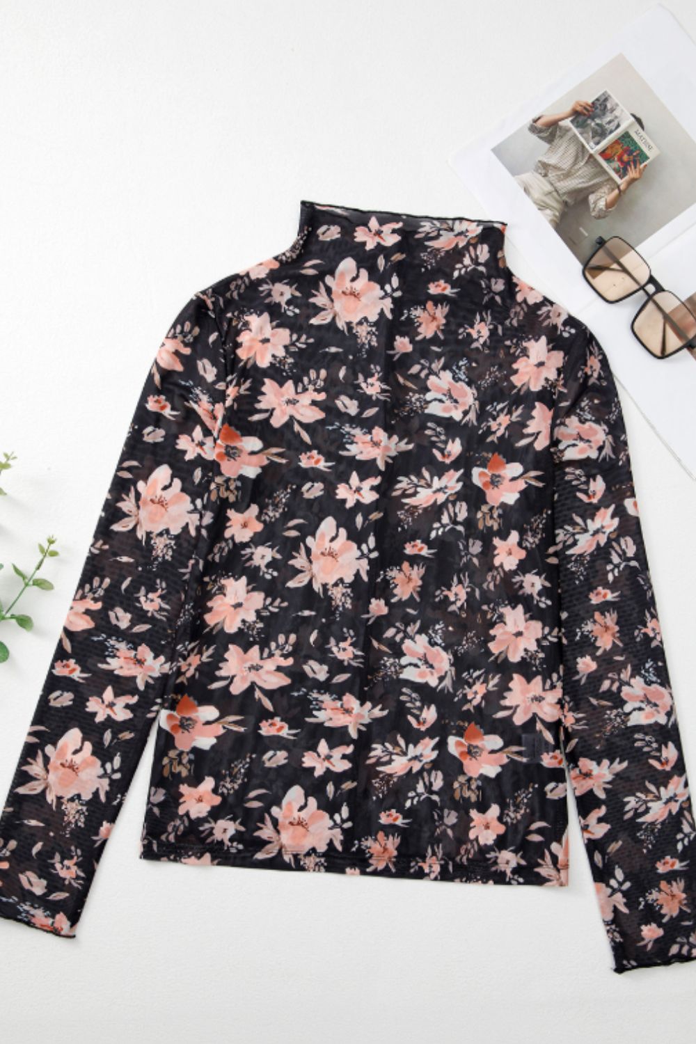 Floral Mock Neck Long Sleeve Blouse-TOPS / DRESSES-[Adult]-[Female]-2022 Online Blue Zone Planet