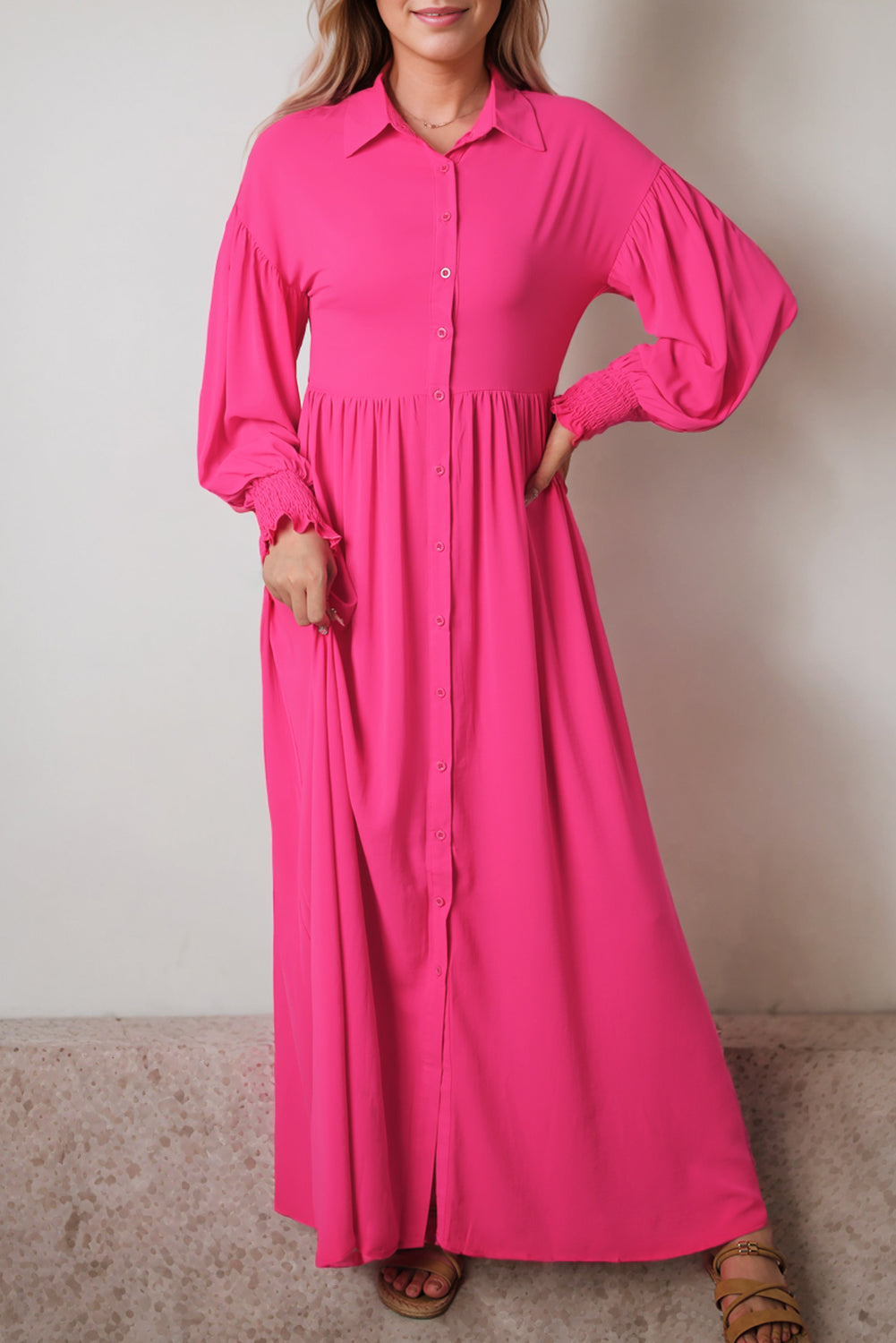 Blue Zone Planet | Rose Bubble Sleeve Shirt Maxi Dress-TOPS / DRESSES-[Adult]-[Female]-2022 Online Blue Zone Planet