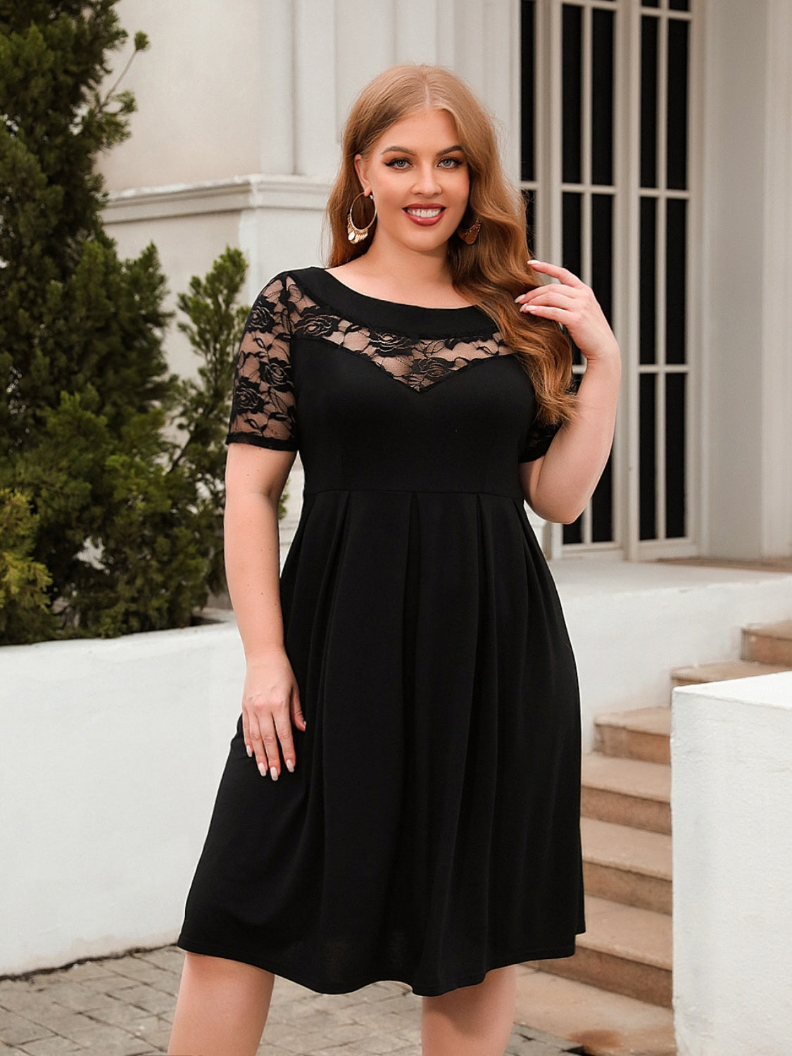 Plus Size Ruched Round Neck Short Sleeve Dress-TOPS / DRESSES-[Adult]-[Female]-Black-1XL-2022 Online Blue Zone Planet