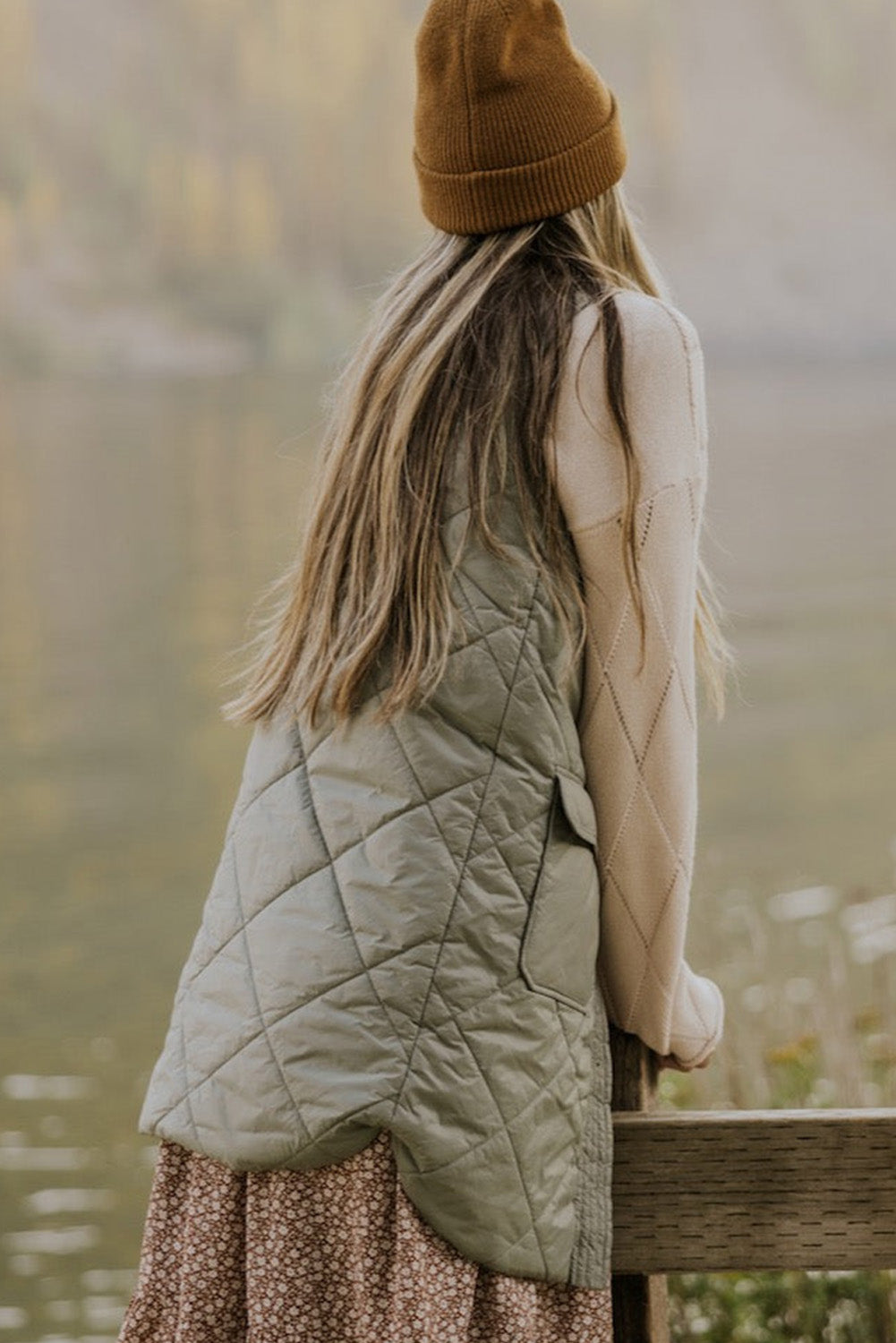 Blue Zone Planet |  Grass Green Quilted Long Vest Jacket with Pockets Blue Zone Planet