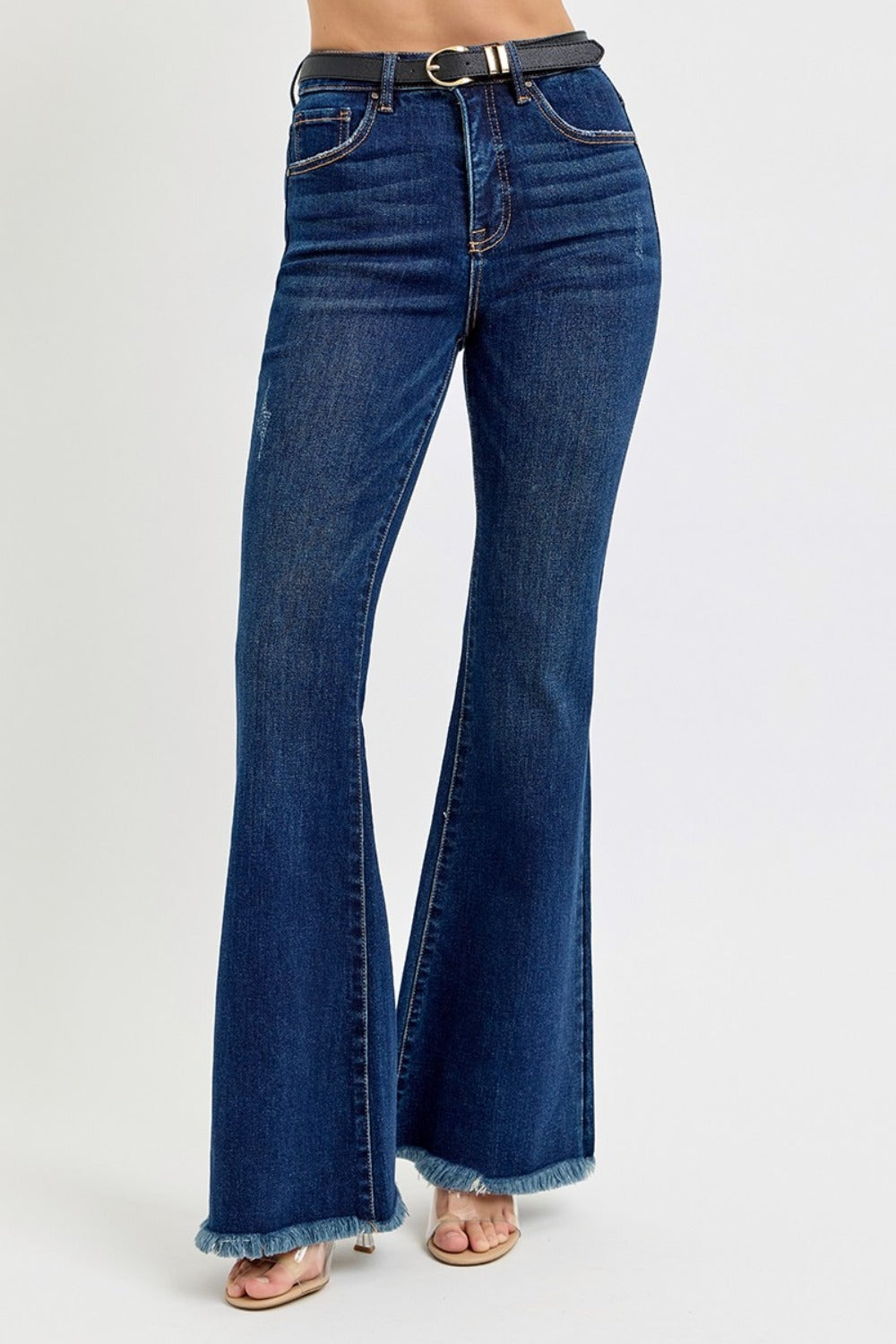 RISEN Tummy Control Frayed Hem Flare Jeans-BOTTOMS SIZES SMALL MEDIUM LARGE-[Adult]-[Female]-2022 Online Blue Zone Planet