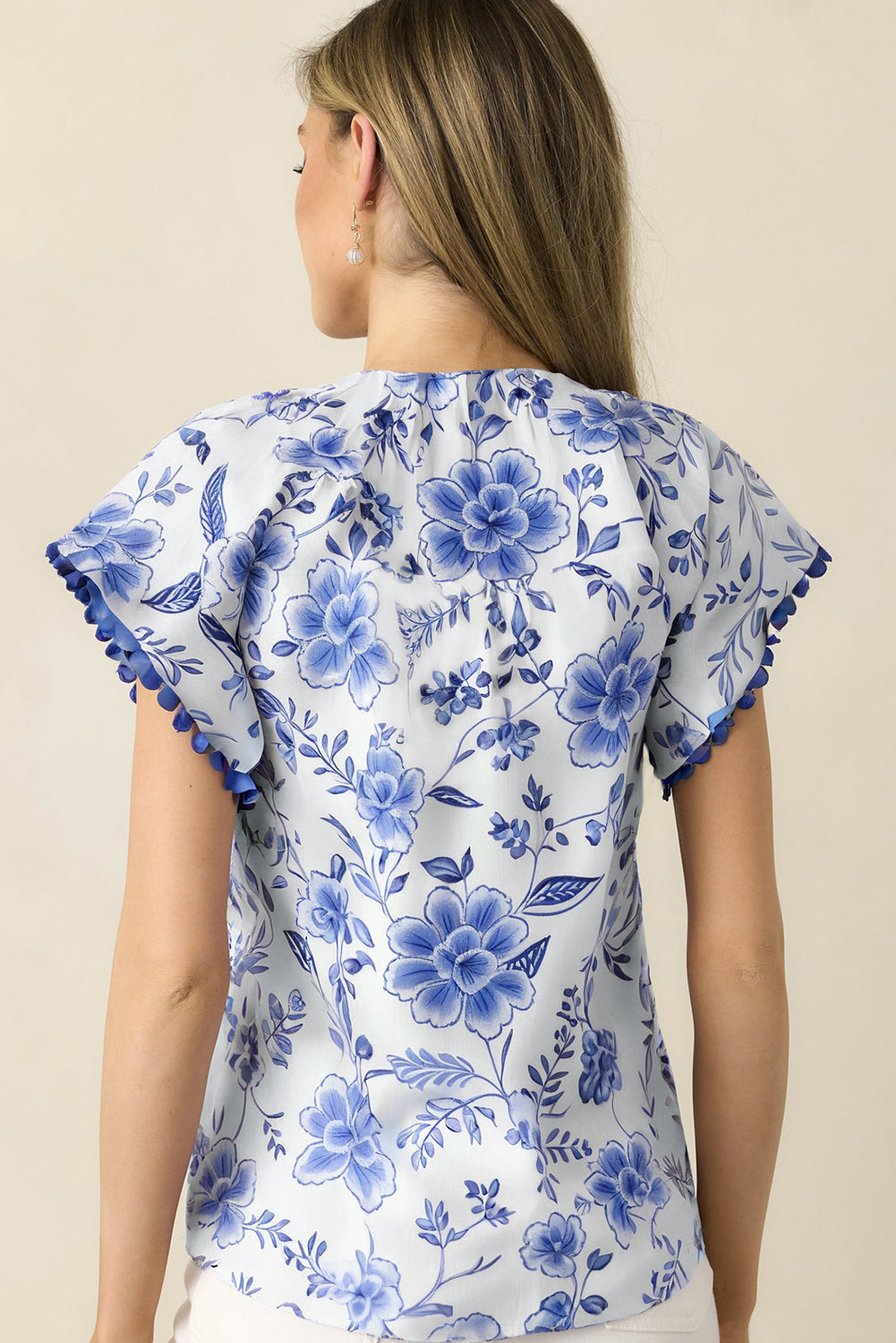 Blue Elegant Floral Print Ricrac Trim Short Sleeve Blouse-Tops/Blouses & Shirts-[Adult]-[Female]-2022 Online Blue Zone Planet