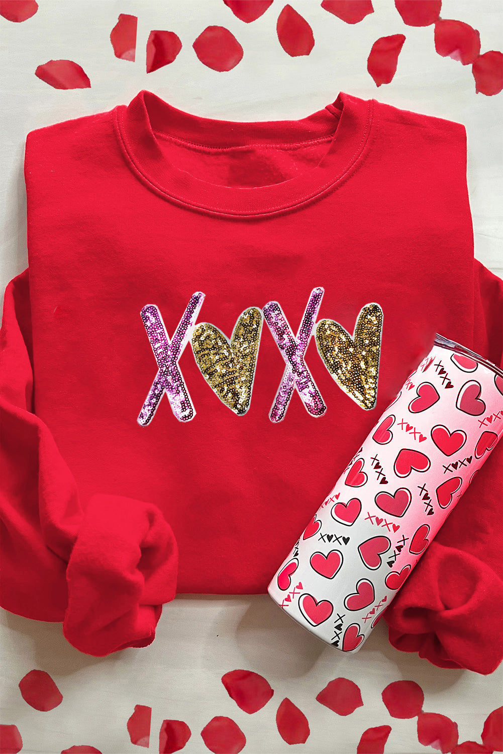 Red Heart XOXO Graphic Crewneck Valentines Pullover Sweatshirt-Graphic Sweatshirts-[Adult]-[Female]-2022 Online Blue Zone Planet