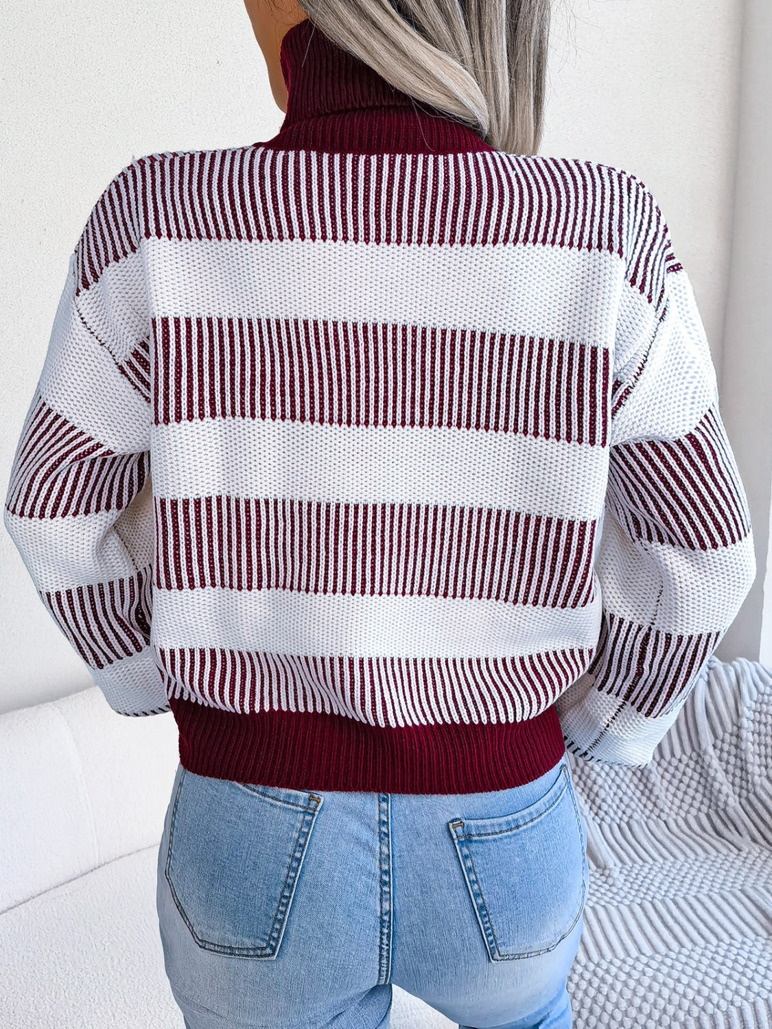 Striped Turtleneck Long Sleeve Sweater-TOPS / DRESSES-[Adult]-[Female]-2022 Online Blue Zone Planet