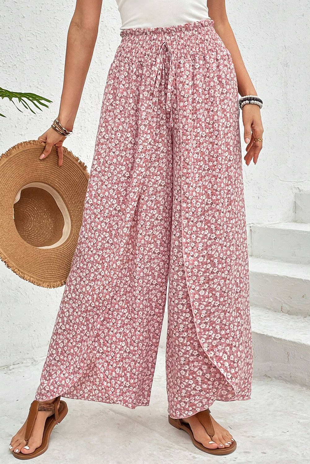 Black Bohemian Print Slit Wide Leg Smocked High Waist Pants-Bottoms/Pants & Culotte-[Adult]-[Female]-Pink-S-2022 Online Blue Zone Planet