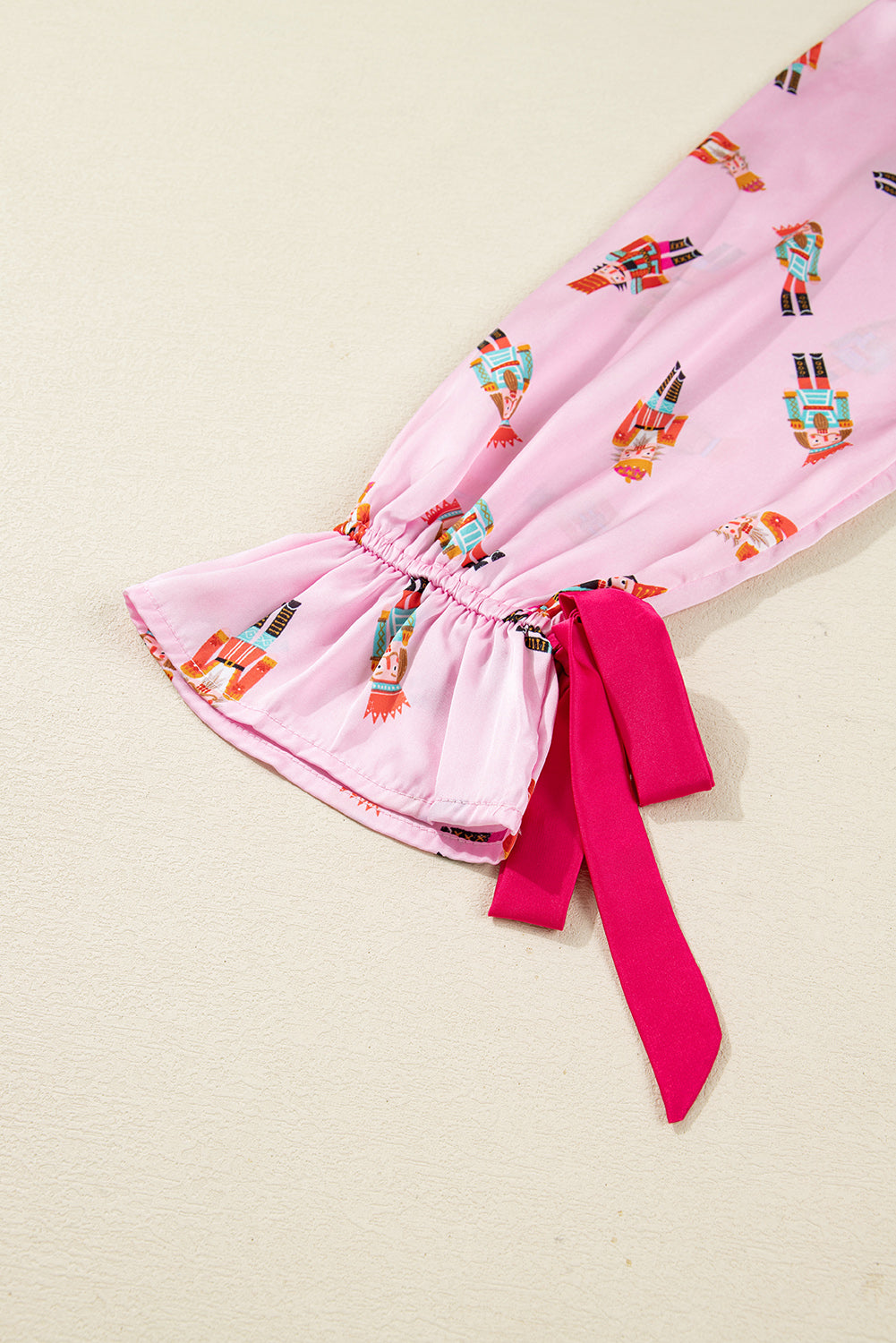 Pink Nutcracker Print Contrast Trim Tied up Bow Silky 2pcs Pajama Set-Loungewear & Sleepwear/Sleepwear-[Adult]-[Female]-2022 Online Blue Zone Planet