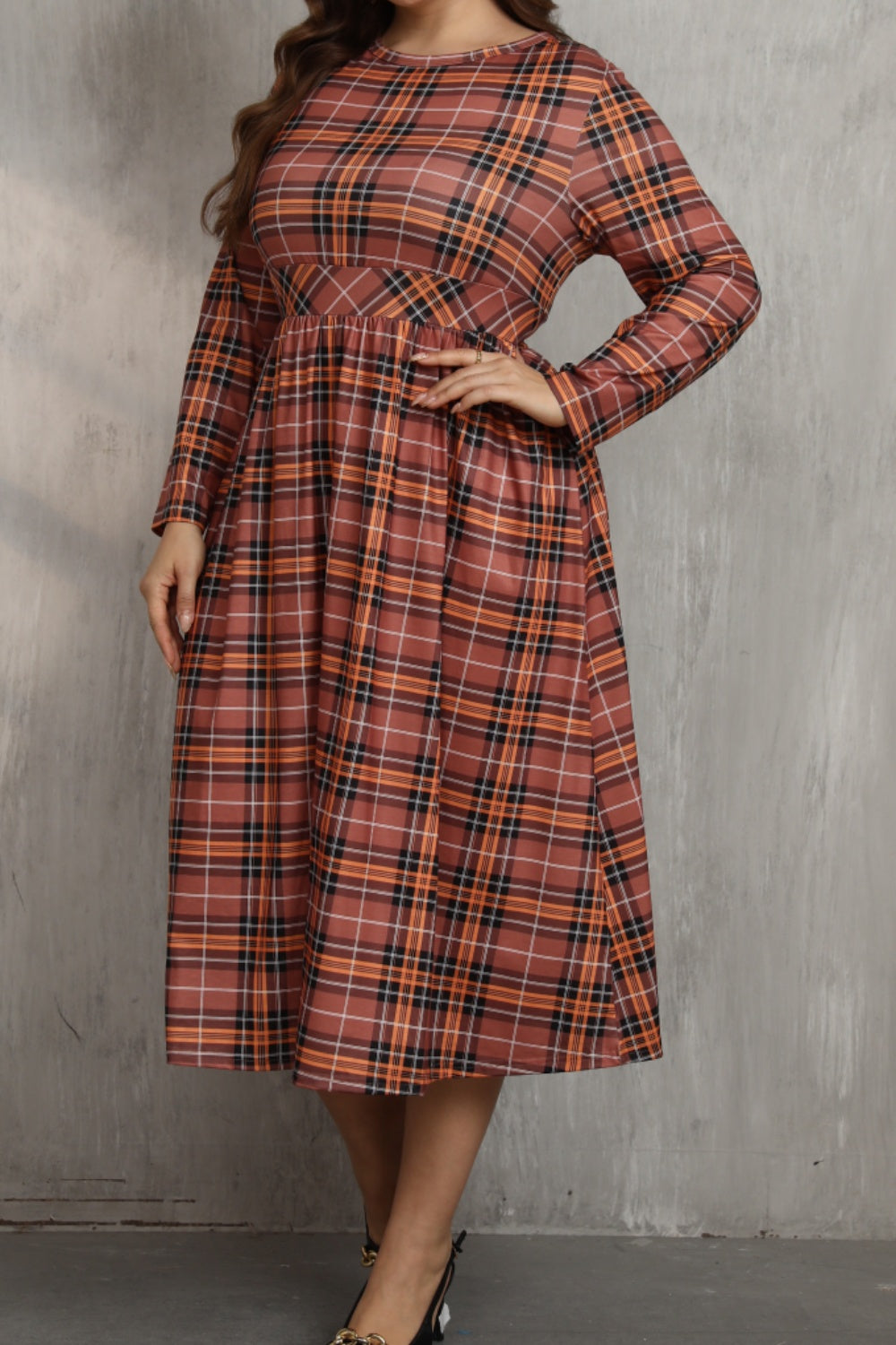 Plus Size Plaid Round Neck Long Sleeve Midi Dress-TOPS / DRESSES-[Adult]-[Female]-2022 Online Blue Zone Planet