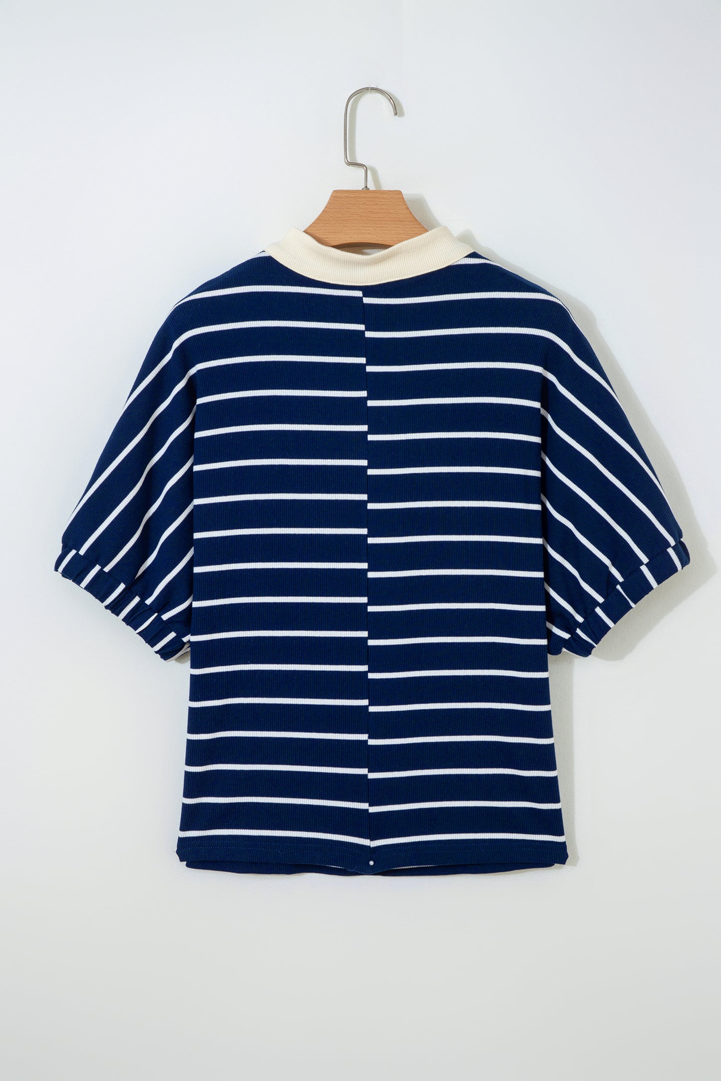 Blue Stripe Stand Collar V Neck Elastic Cuffs Half Sleeve Dolman Top-Tops/Tops & Tees-[Adult]-[Female]-2022 Online Blue Zone Planet