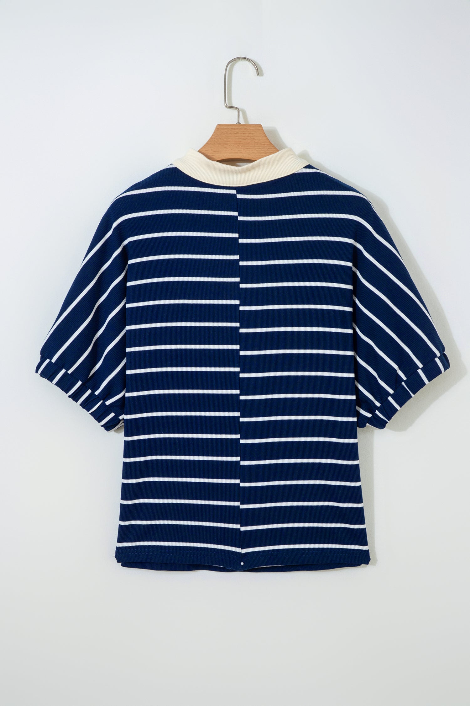 Blue Stripe Stand Collar V Neck Elastic Cuffs Half Sleeve Dolman Top-Tops/Tops & Tees-[Adult]-[Female]-2022 Online Blue Zone Planet
