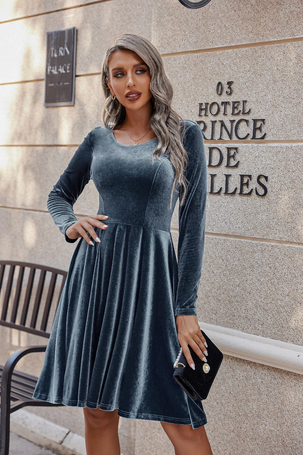 Blue Zone Planet | Round Neck Long Sleeve Knee Length Dress-TOPS / DRESSES-[Adult]-[Female]-2022 Online Blue Zone Planet