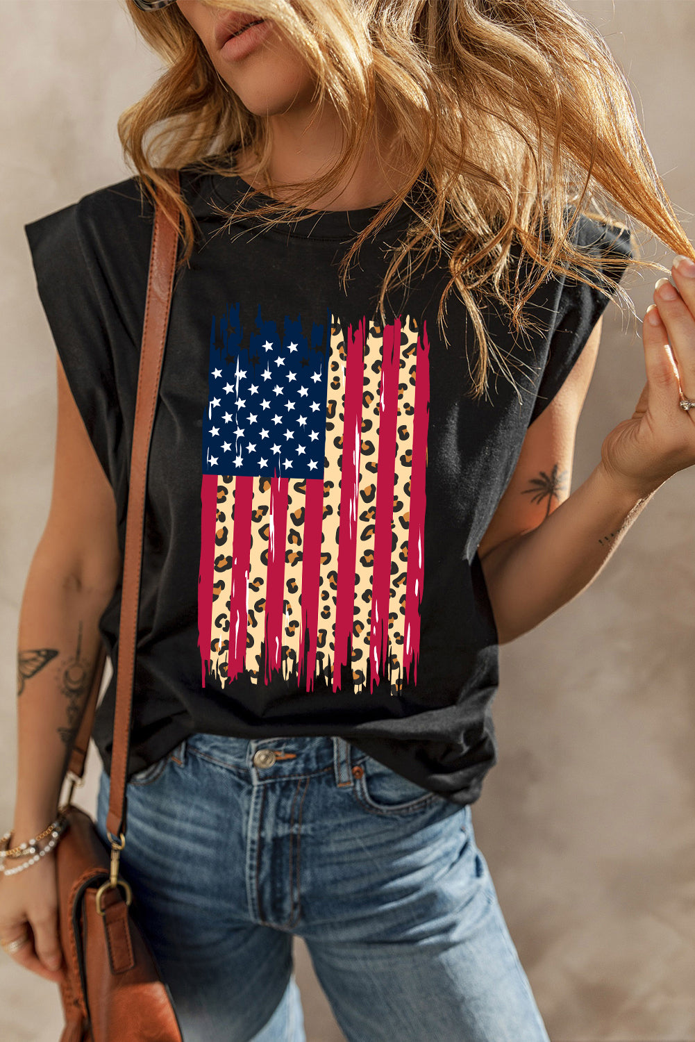 Black Leopard USA Flag Printed Sleeveless Cotton Top-Graphic Apparel-[Adult]-[Female]-2022 Online Blue Zone Planet
