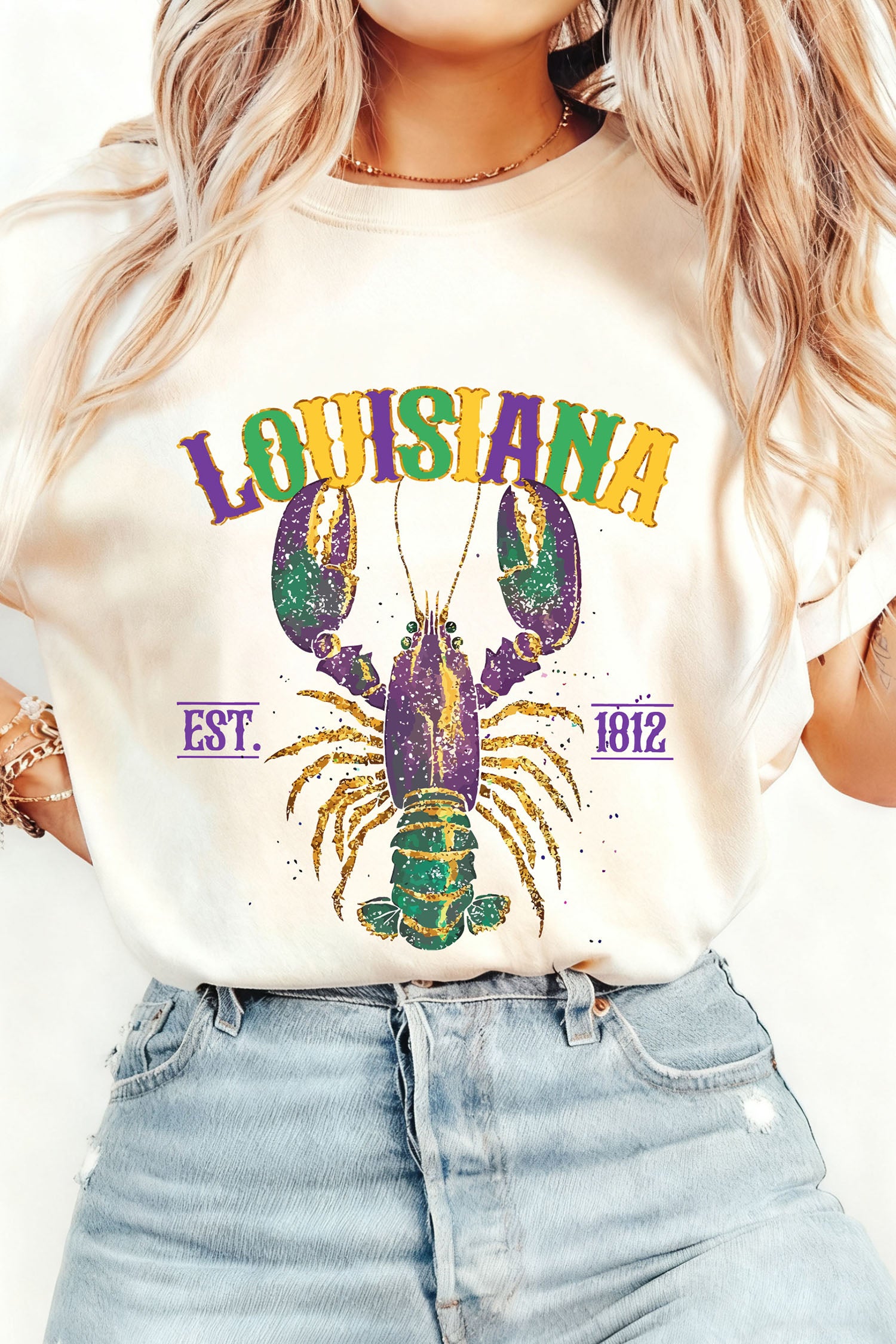 White LOUISIANA Mardi Gras Crayfish Printed Casual T Shirt-Graphic Tees-[Adult]-[Female]-2022 Online Blue Zone Planet