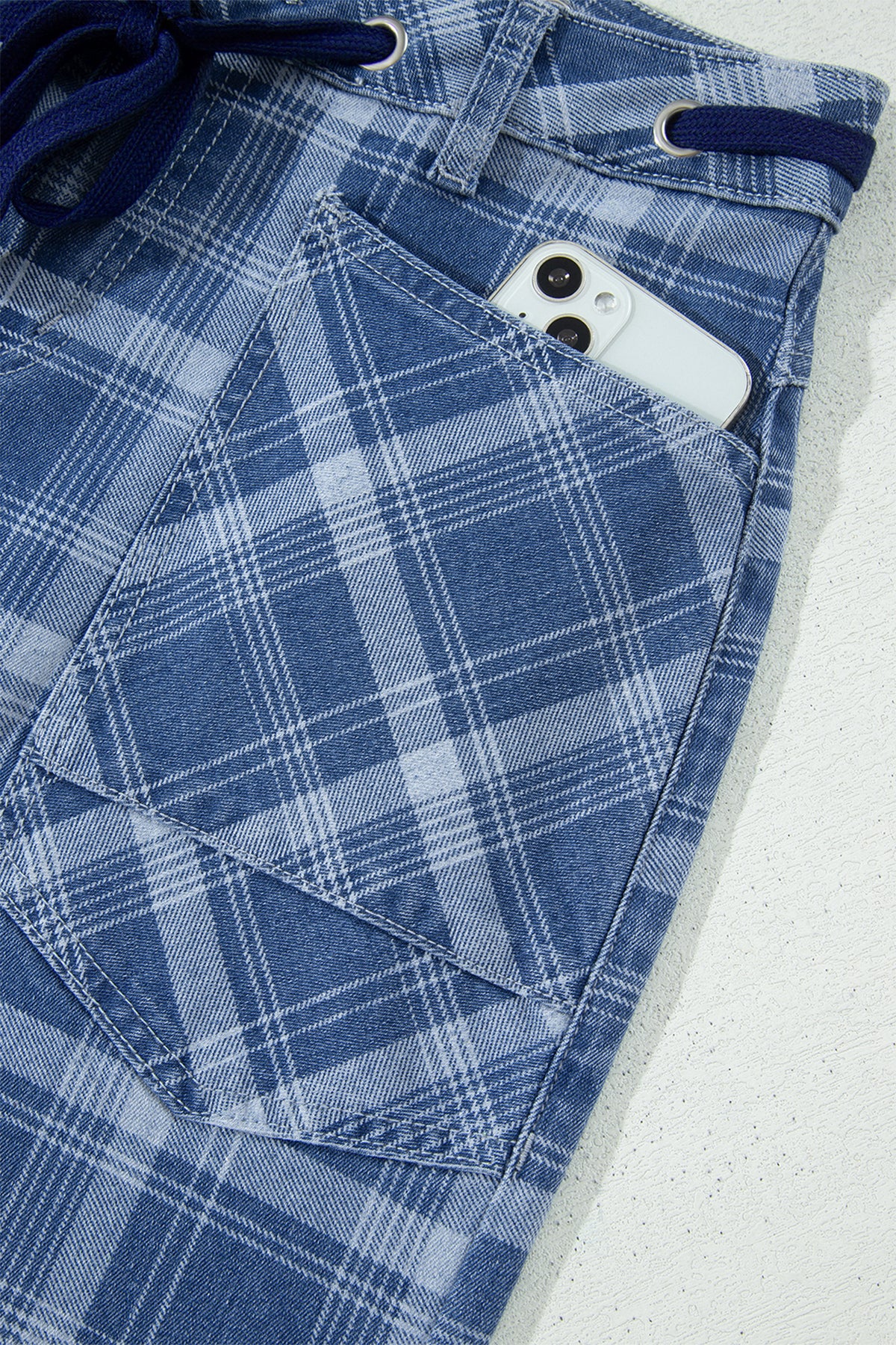 Sky Blue Plaid Denim Grommet Drawstring Waist Ankle-Length Jeans-Bottoms/Jeans-[Adult]-[Female]-2022 Online Blue Zone Planet