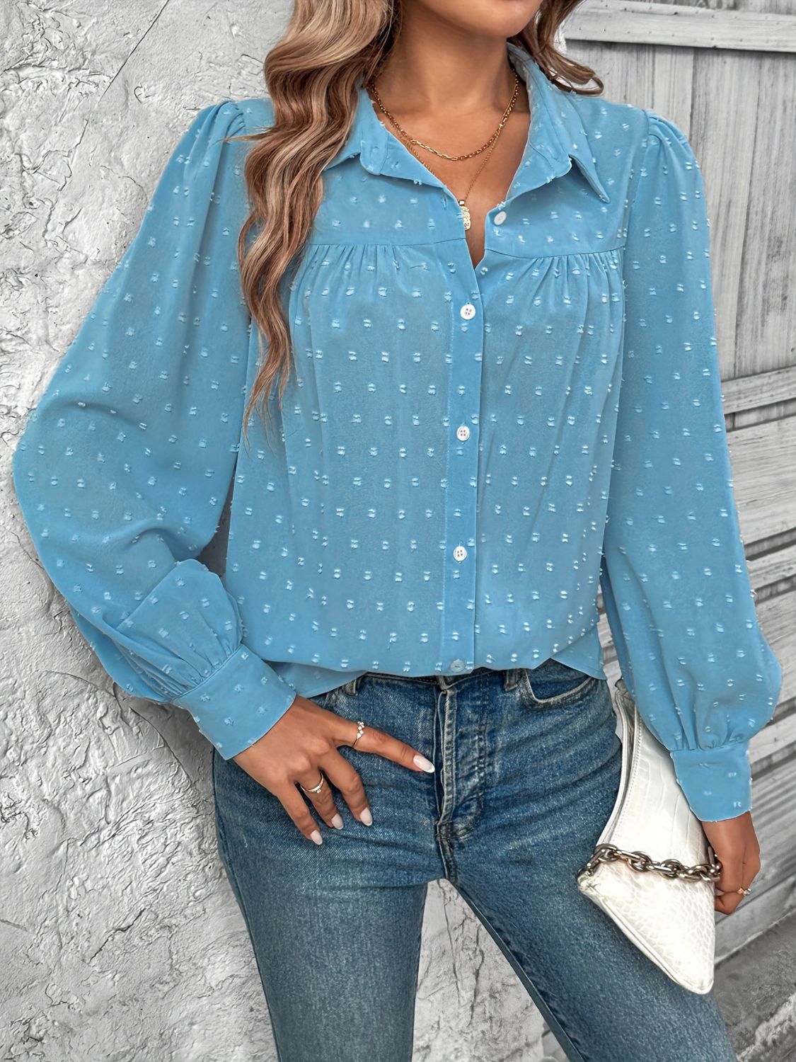 Full Size Swiss Dot Collared Neck Long Sleeve Shirt-TOPS / DRESSES-[Adult]-[Female]-2022 Online Blue Zone Planet