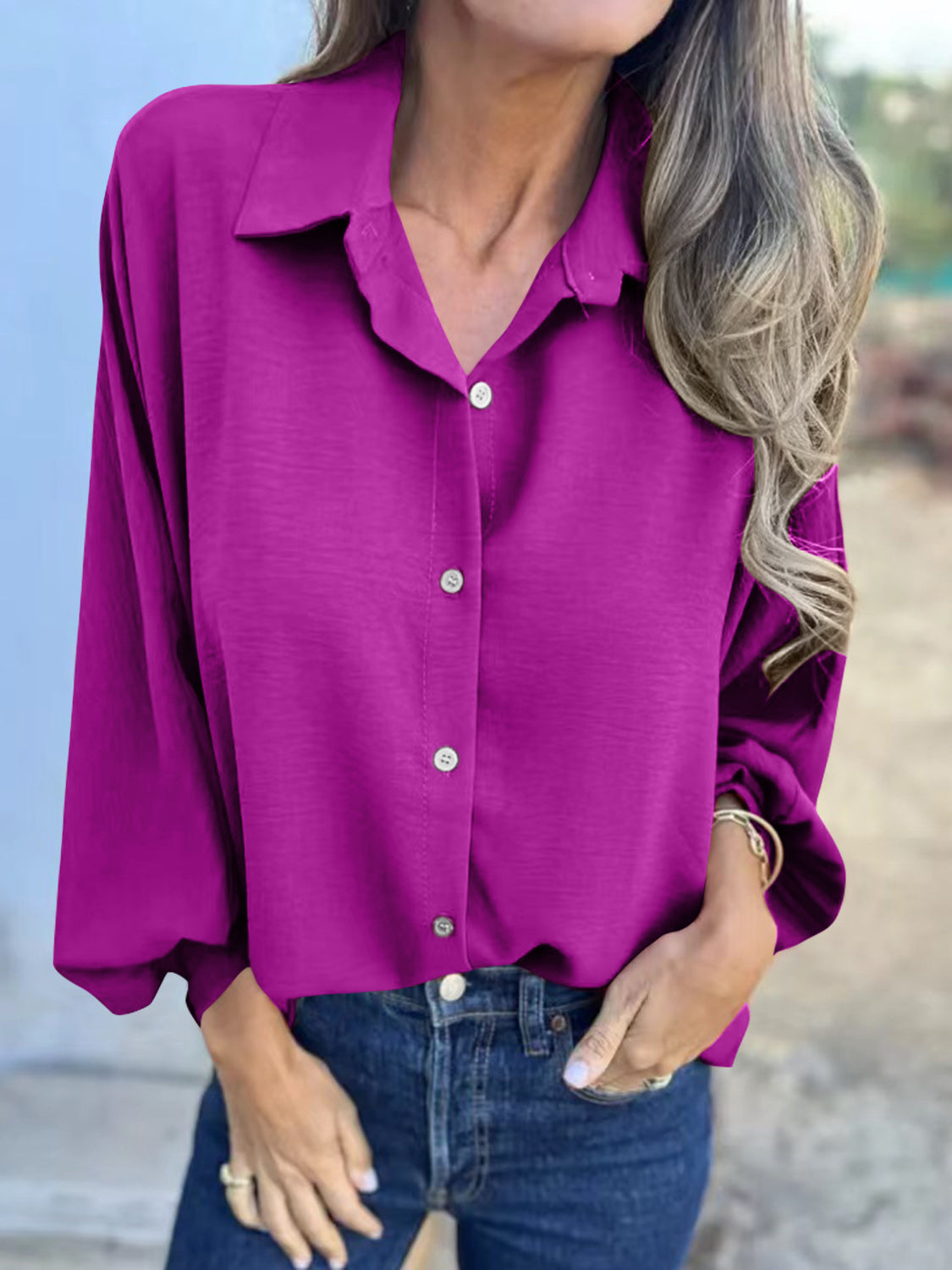 Full Size Collared Neck Long Sleeve Shirt-TOPS / DRESSES-[Adult]-[Female]-2022 Online Blue Zone Planet