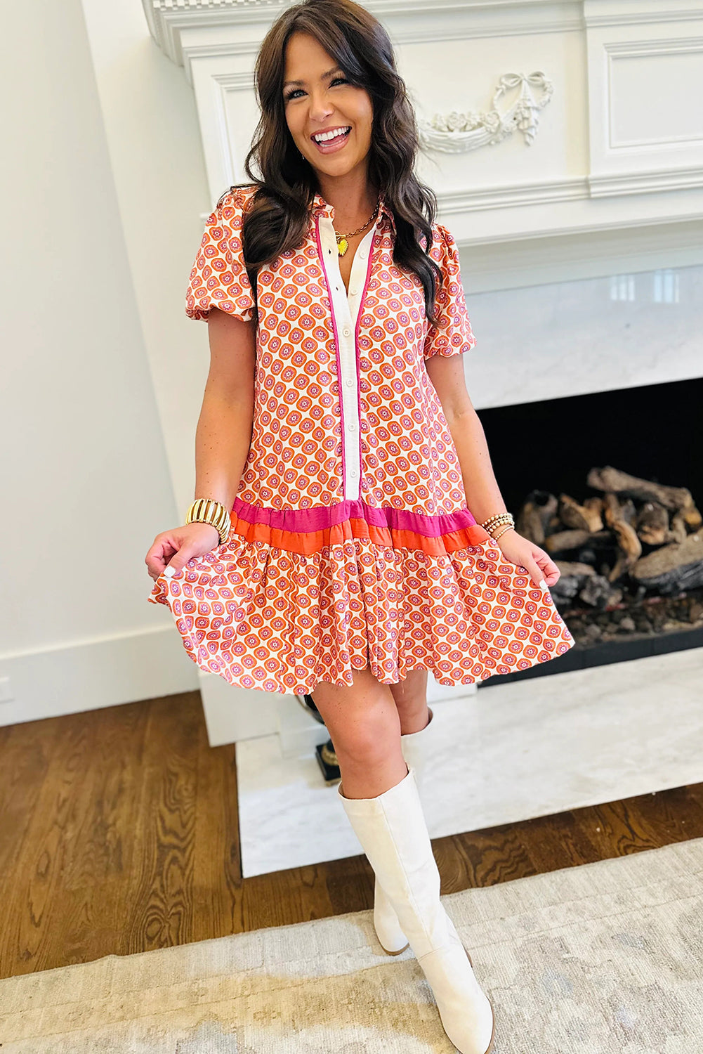 Orange Geometric Floral Print Color Block Trim Button Front Ruffle Hem Dress-Dresses/Floral Dresses-[Adult]-[Female]-2022 Online Blue Zone Planet