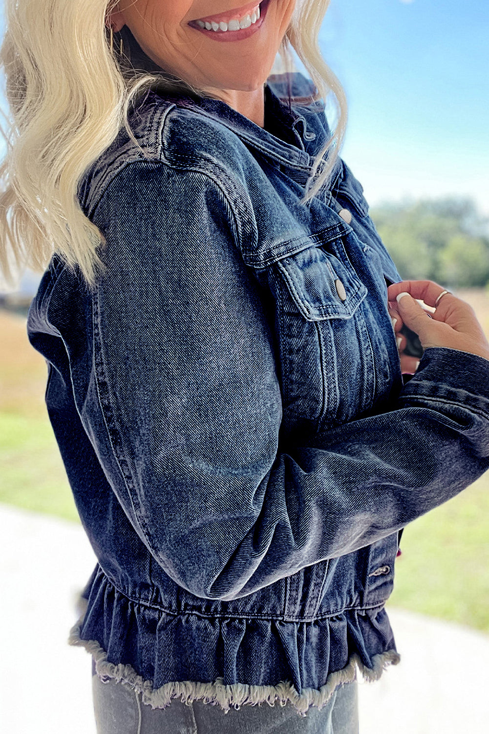 Blue Zone Planet | Navy Blue Ruffle Raw Hem Flap Pockets Denim Jacket-Outerwear/Denim jackets-[Adult]-[Female]-2022 Online Blue Zone Planet