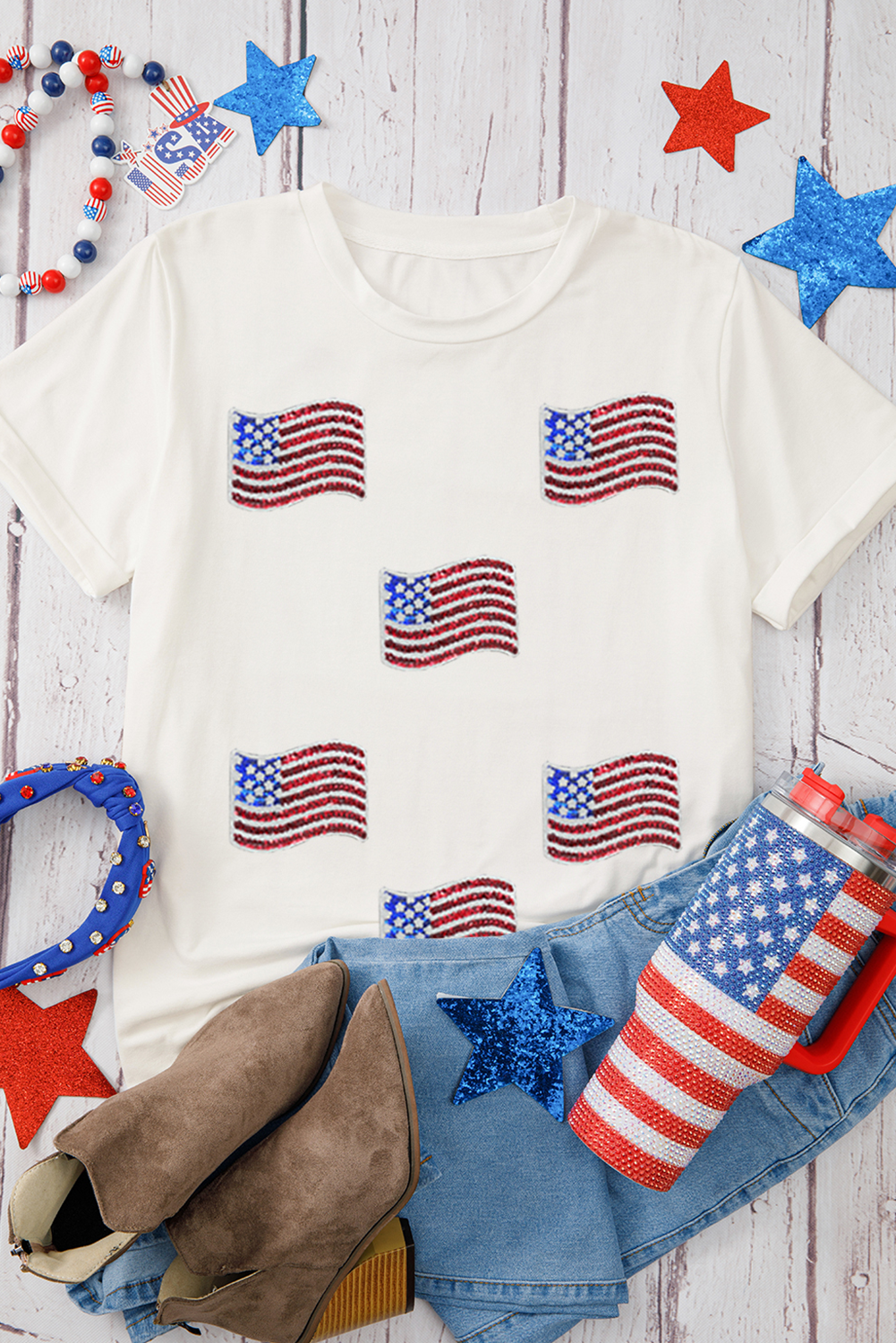 White Sequin American Flag Patched Casual T Shirt-Graphic/Graphic Tees-[Adult]-[Female]-2022 Online Blue Zone Planet