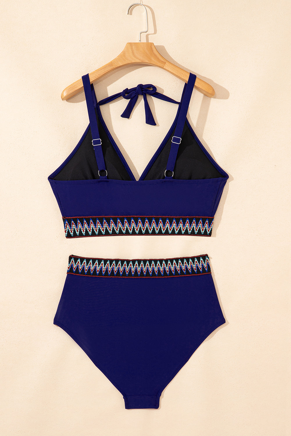 Navy Blue Embroidered Trim Wrap Tie Knot Plus Size High Waisted Bikini-Plus Size/Plus Size Swimwear-[Adult]-[Female]-2022 Online Blue Zone Planet
