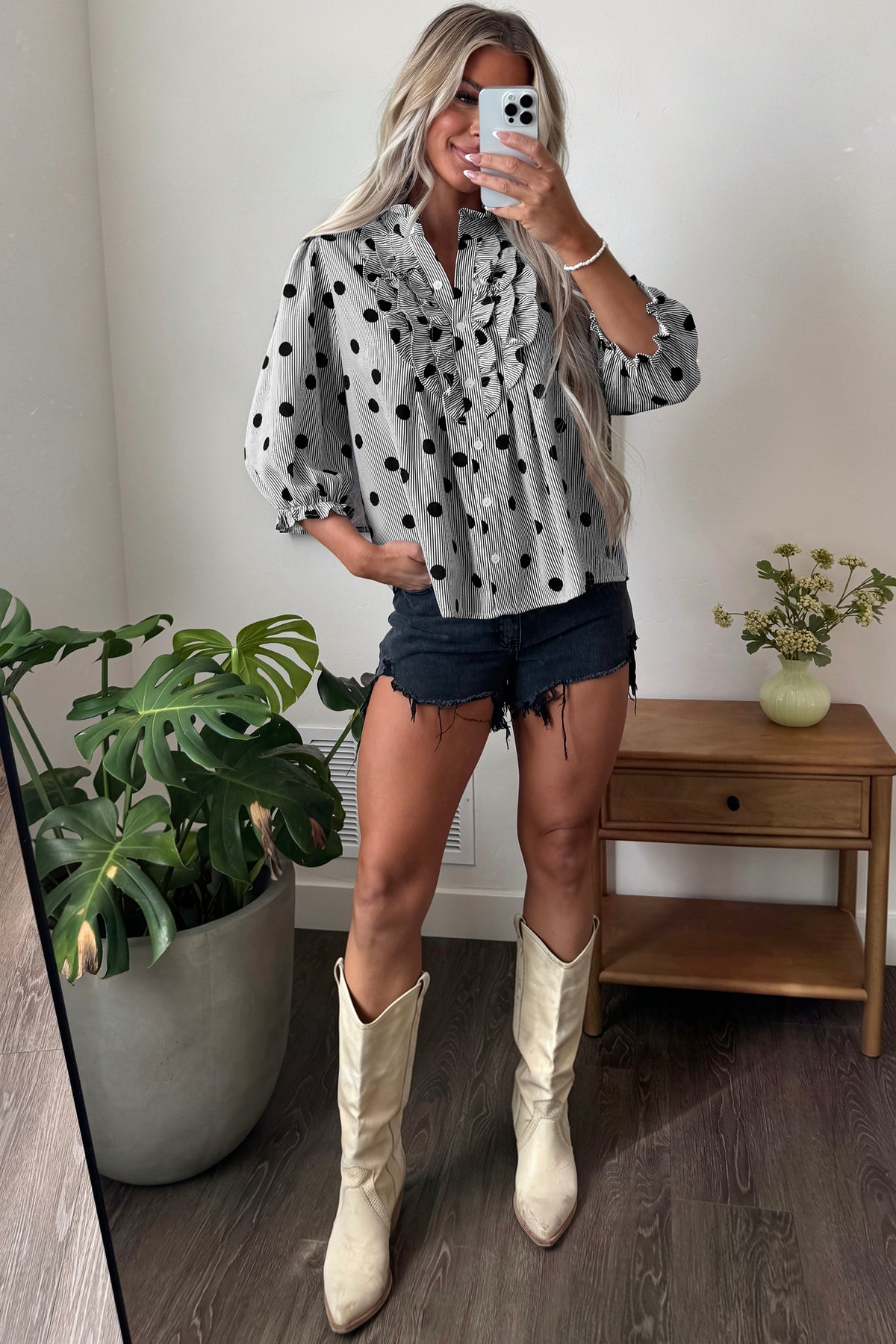 Black white Polka Dot Striped Print Ruffle Stand Neck 3/4 Sleeve Shift Shirt-Tops/Blouses & Shirts-[Adult]-[Female]-2022 Online Blue Zone Planet
