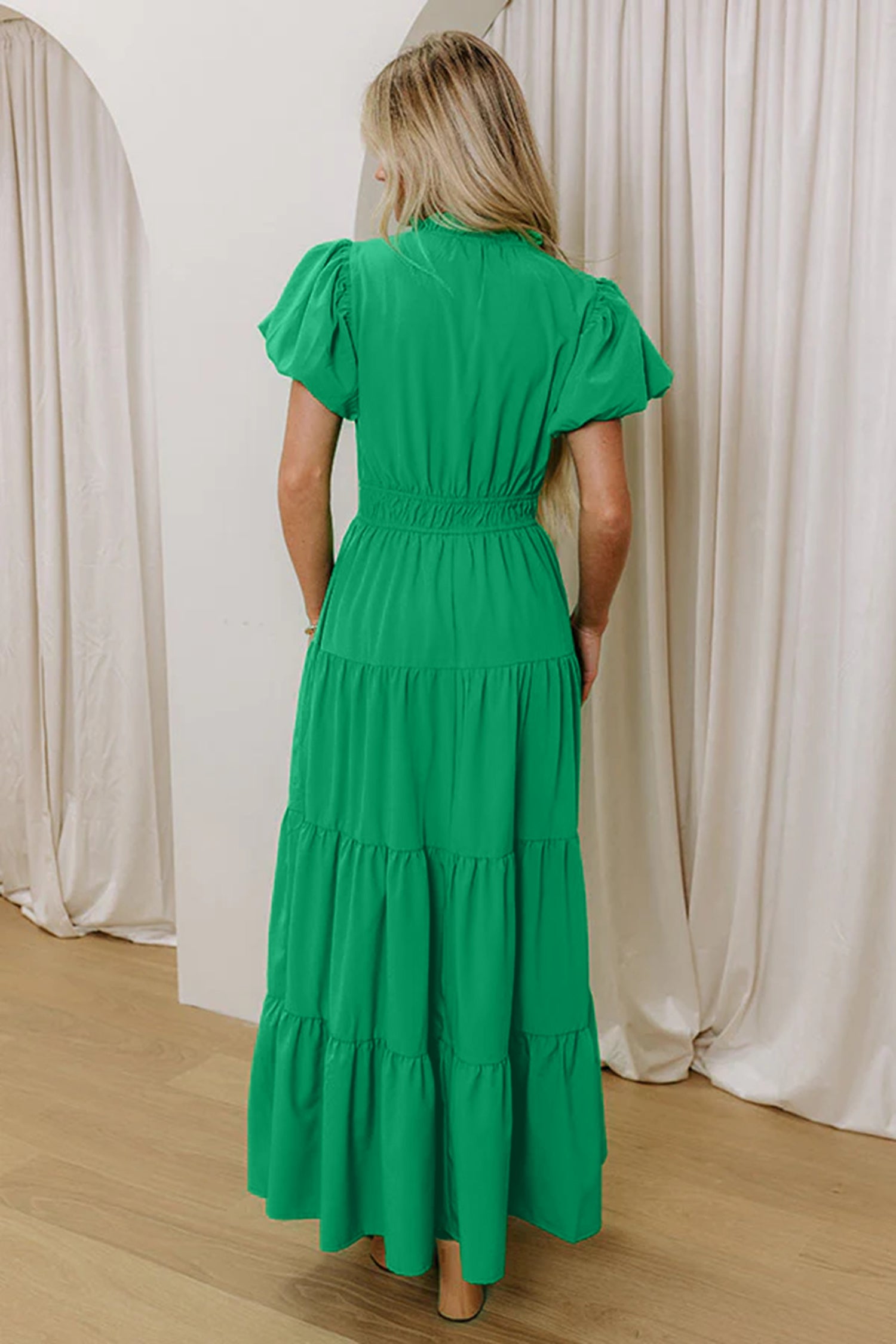 Bright Green Solid Color V Neck Short Puff Sleeve High Waist Tiered Maxi Dress-Dresses/Maxi Dresses-[Adult]-[Female]-2022 Online Blue Zone Planet