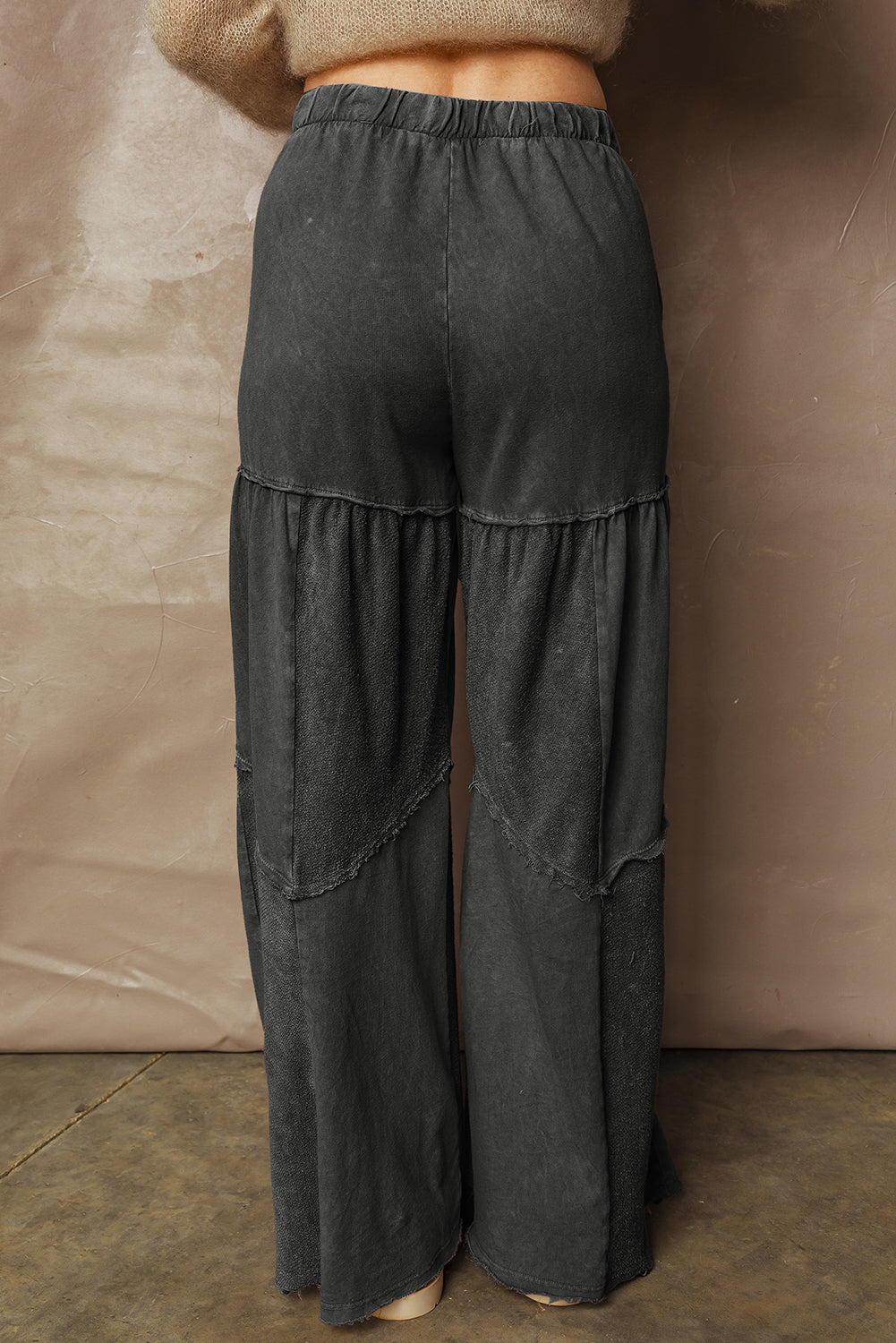 Black Mineral Wash Tiered Wide Leg Patchwork Drawstring Pants-Bottoms/Pants & Culotte-[Adult]-[Female]-2022 Online Blue Zone Planet