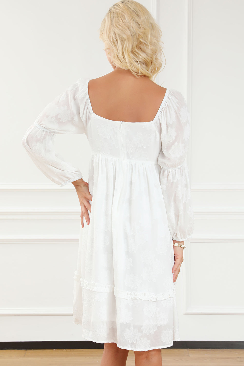 White Jacquard Square Neck Bubble Sleeve Dress-TOPS / DRESSES-[Adult]-[Female]-2022 Online Blue Zone Planet