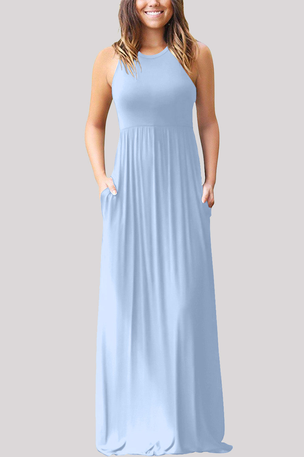 Blue Zone Planet | Full Size Grecian Neck Dress with Pockets-TOPS / DRESSES-[Adult]-[Female]-Light Blue-S-2022 Online Blue Zone Planet