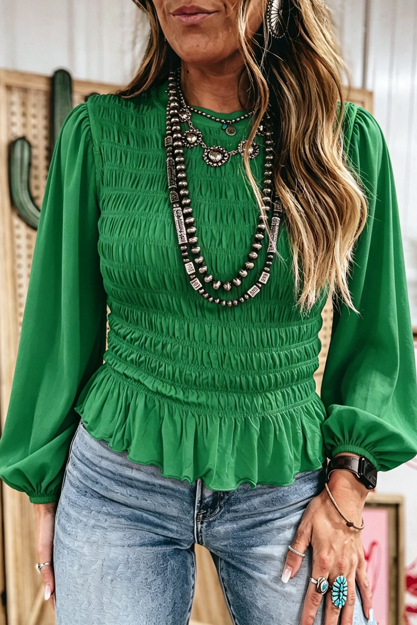 Bright Green Solid Color Smocked Ruffle Hem Long Sleeve Blouse