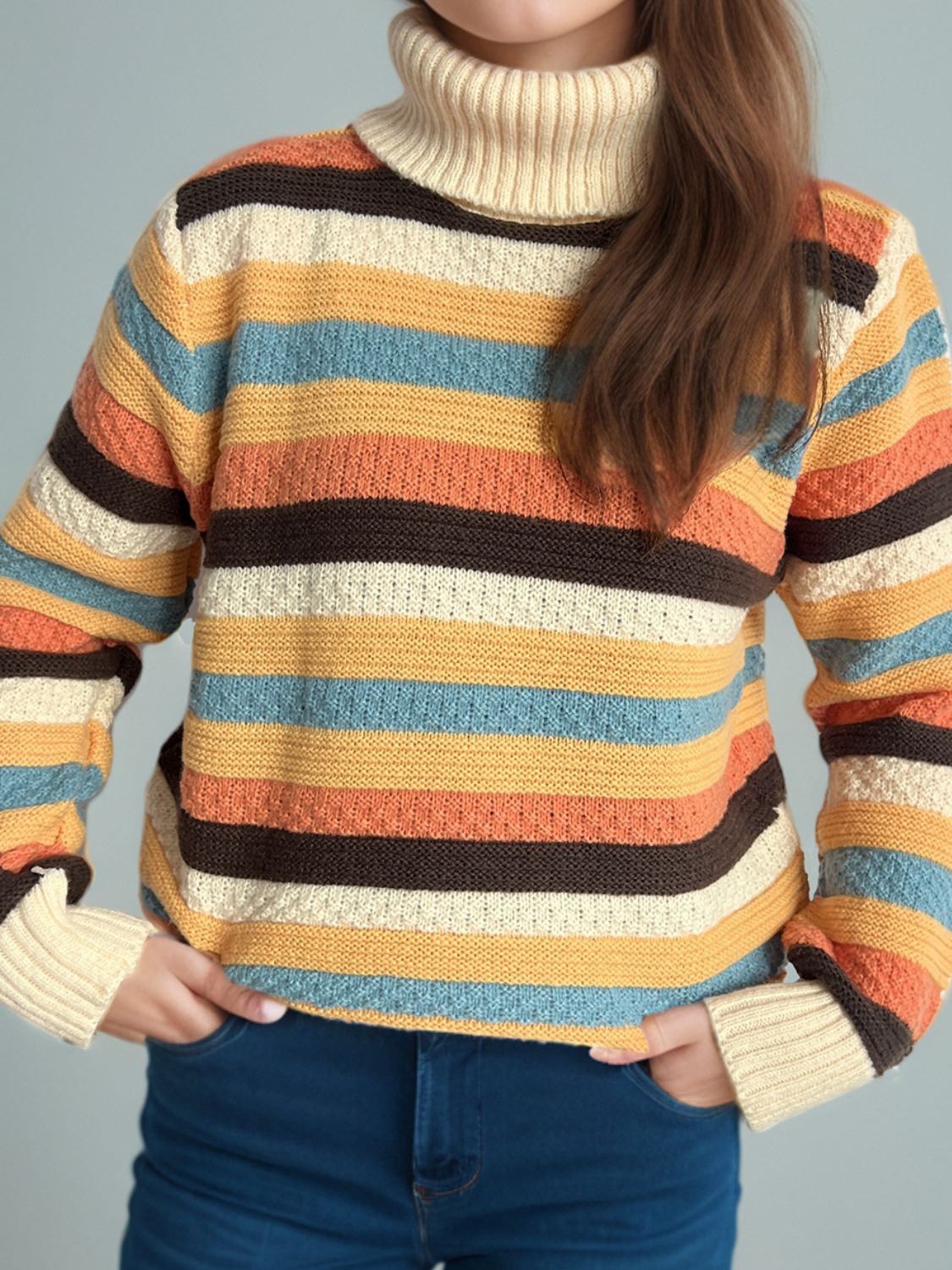 Blue Zone Planet | Contrast Stripes Turtleneck Long Sleeve Sweater-TOPS / DRESSES-[Adult]-[Female]-Pastel Yellow-One Size-2022 Online Blue Zone Planet