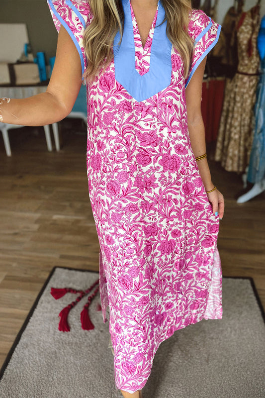 Pink Floral Print Color Block Patchwork V Neck Short Sleeve Midi Dress-Dresses/Floral Dresses-[Adult]-[Female]-Pink-S-2022 Online Blue Zone Planet
