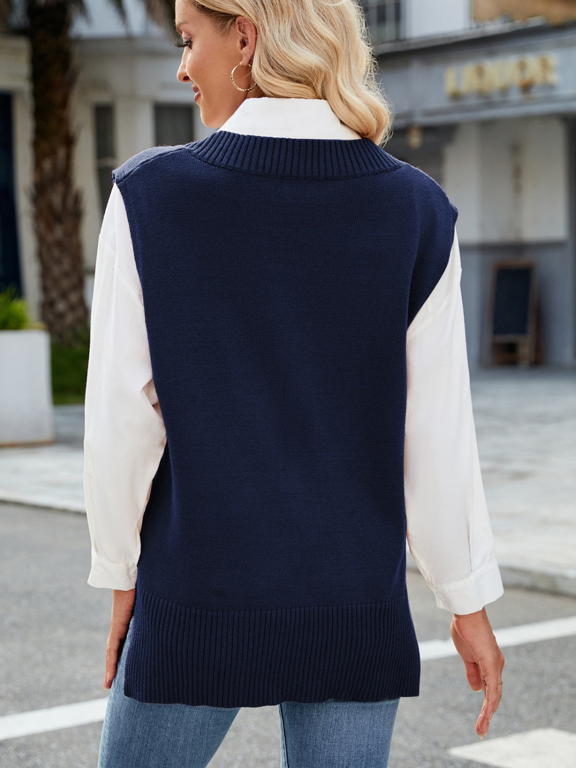 Blue Zone Planet | Side Slit V-Neck Sweater Vest-TOPS / DRESSES-[Adult]-[Female]-2022 Online Blue Zone Planet