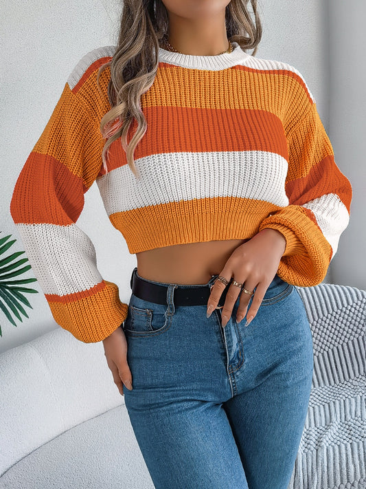 Color Block Round Neck Cropped Sweater-TOPS / DRESSES-[Adult]-[Female]-Tangerine-S-2022 Online Blue Zone Planet