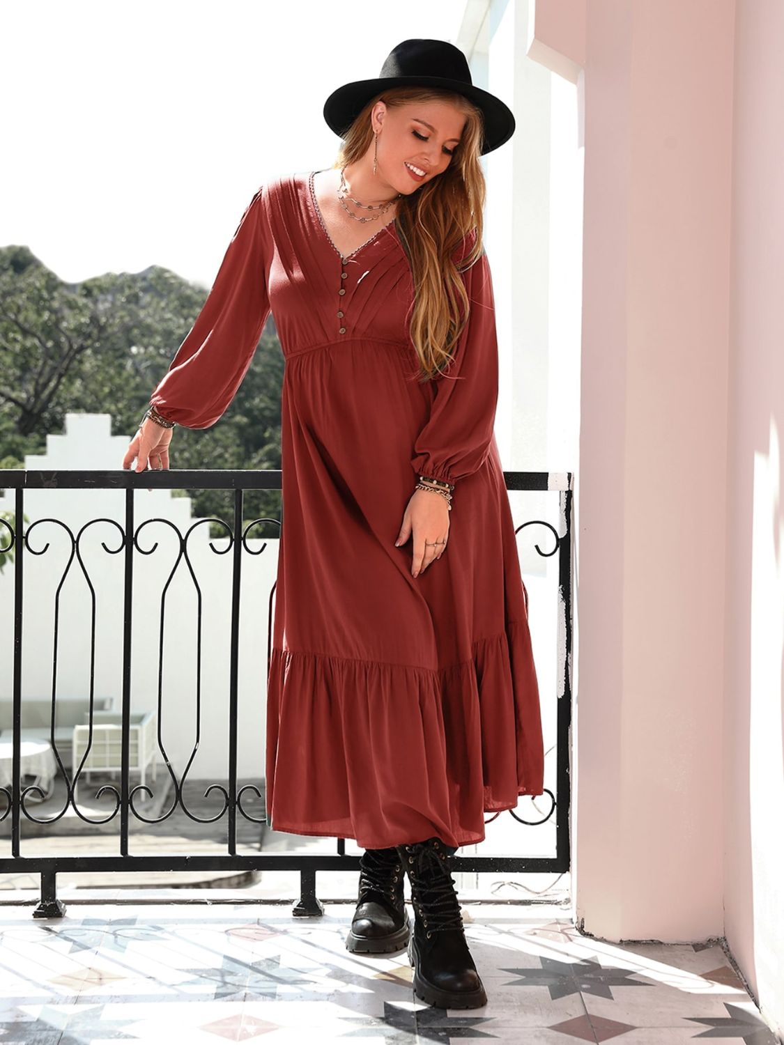 Plus Size Quarter Button V-Neck Long Sleeve Dress-TOPS / DRESSES-[Adult]-[Female]-2022 Online Blue Zone Planet