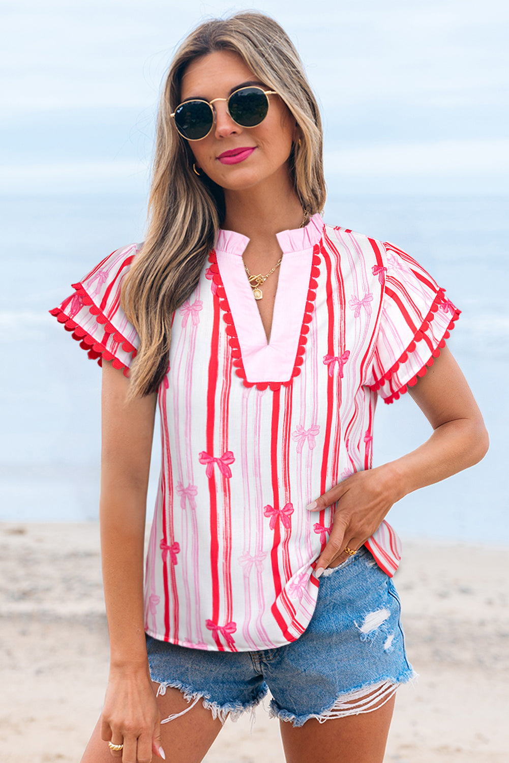 Pink Ric-Rac Trim Ruffled Sleeve V Neck Bow Striped Printed Blouse-Tops/Blouses & Shirts-[Adult]-[Female]-2022 Online Blue Zone Planet