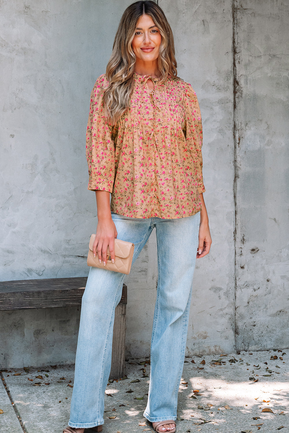 Light French Beige Floral Print Bow Pintuck Bust Half Puff Sleeve Blouse Top-Tops/Blouses & Shirts-[Adult]-[Female]-2022 Online Blue Zone Planet