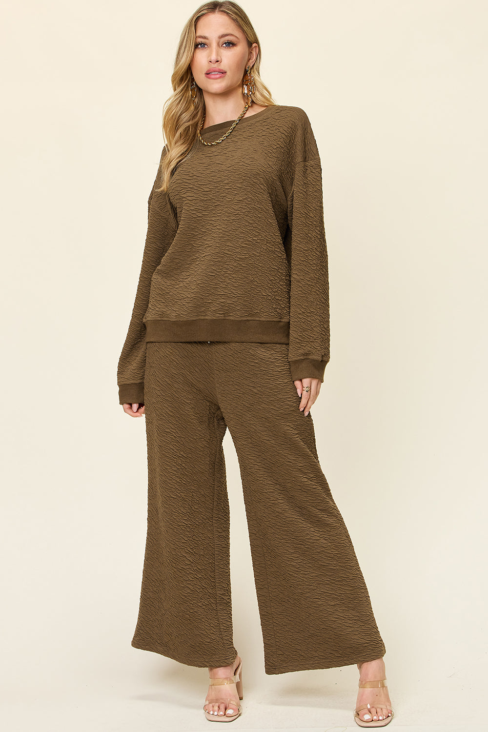 Blue Zone Planet | Double Take Full Size Texture Long Sleeve Top and Pants Set-TOPS / DRESSES-[Adult]-[Female]-Taupe-S-2022 Online Blue Zone Planet