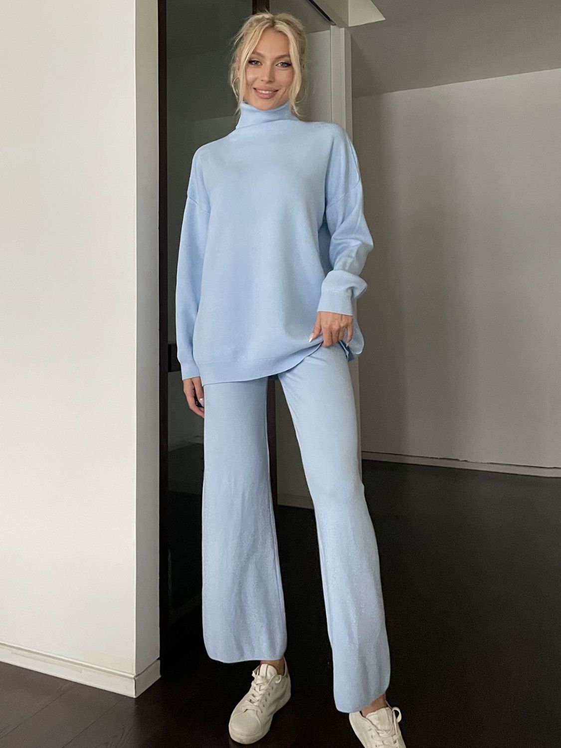 Turtleneck Long Sleeve Top and Drawstring Pants Sweater Set-TOPS / DRESSES-[Adult]-[Female]-2022 Online Blue Zone Planet