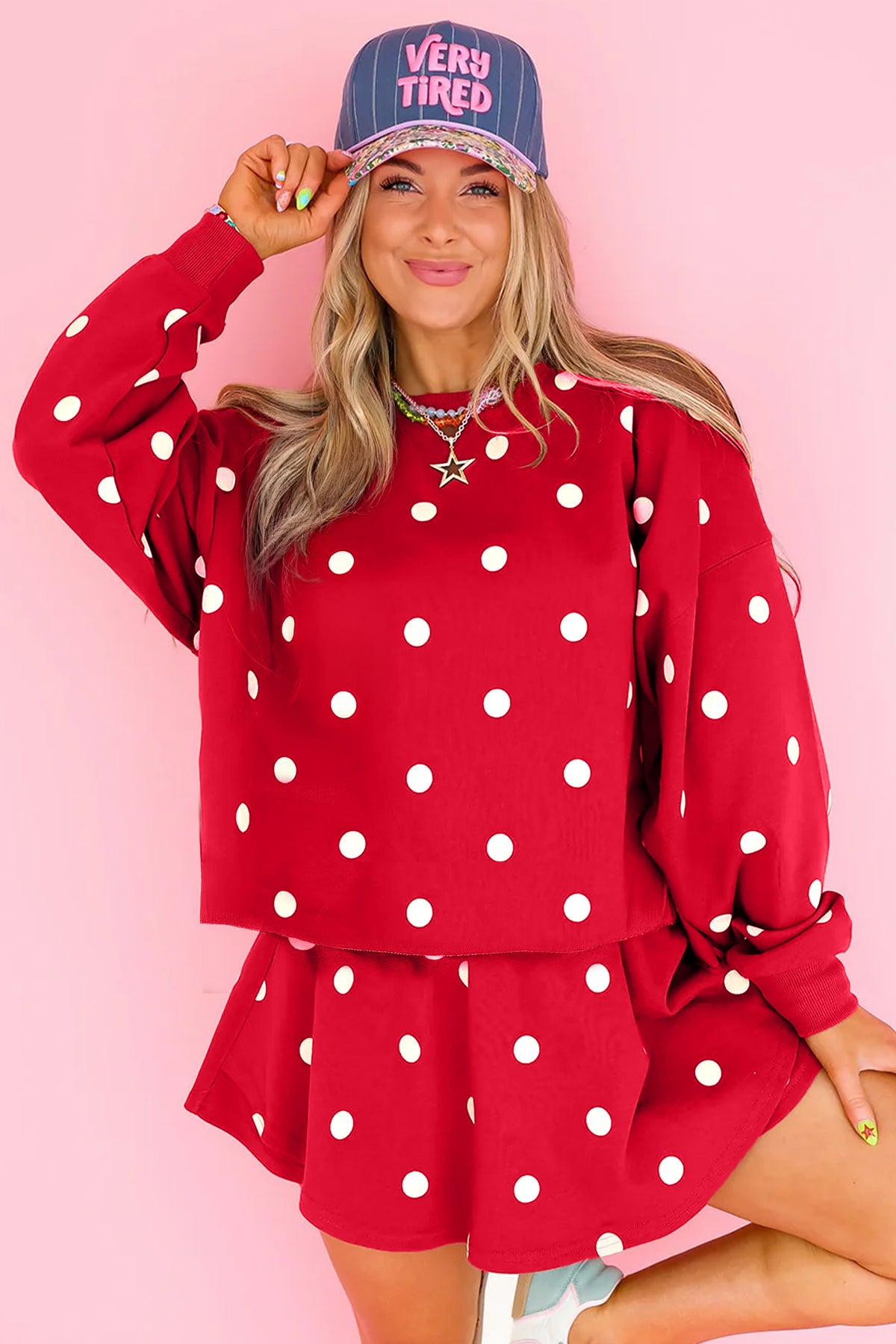 Red Polka Dot Raw Hem Relaxed Pullover Loose Skort Two Piece Set-Two Piece Sets/Two Piece Dresses-[Adult]-[Female]-2022 Online Blue Zone Planet