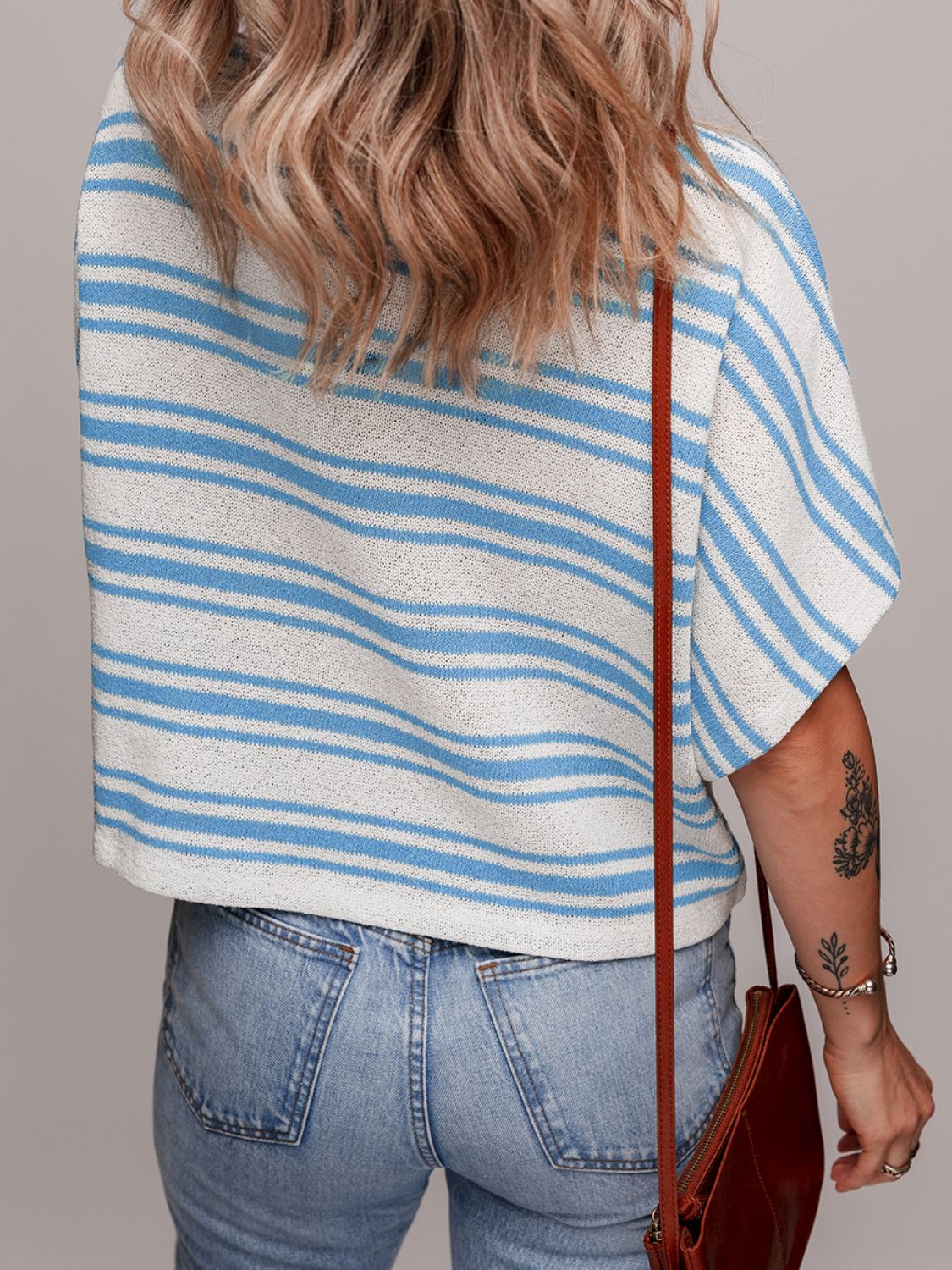Stripe Round Neck Half Sleeve Knit Top-TOPS / DRESSES-[Adult]-[Female]-2022 Online Blue Zone Planet
