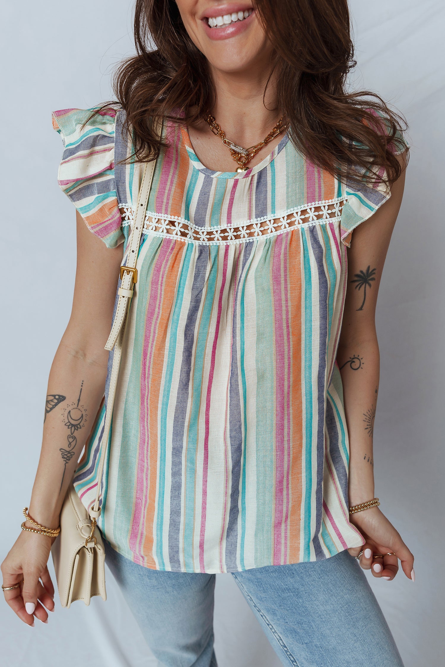 Light Blue Lace Hollow-out Insert Flutter Sleeve Striped Blouse-Tops/Blouses & Shirts-[Adult]-[Female]-Light Blue-S-2022 Online Blue Zone Planet