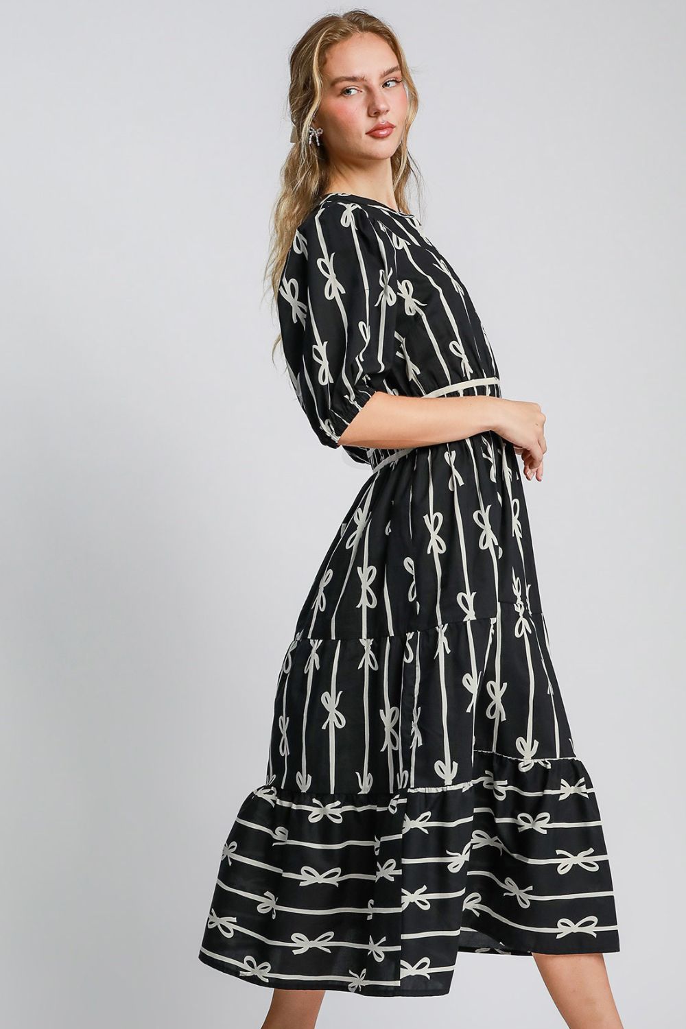 Umgee Bow Tie Print Notched Contrast Velvet Trim Midi Dress-TOPS / DRESSES-[Adult]-[Female]-2022 Online Blue Zone Planet