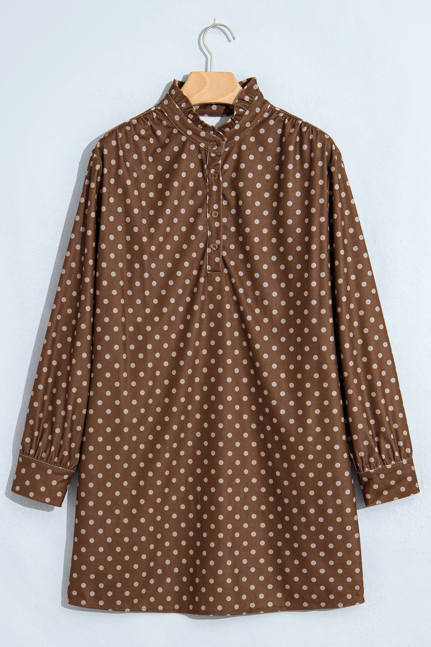 Brown Polka Dot V Neck Long Sleeve Button Shift Dress-TOPS / DRESSES-[Adult]-[Female]-2022 Online Blue Zone Planet