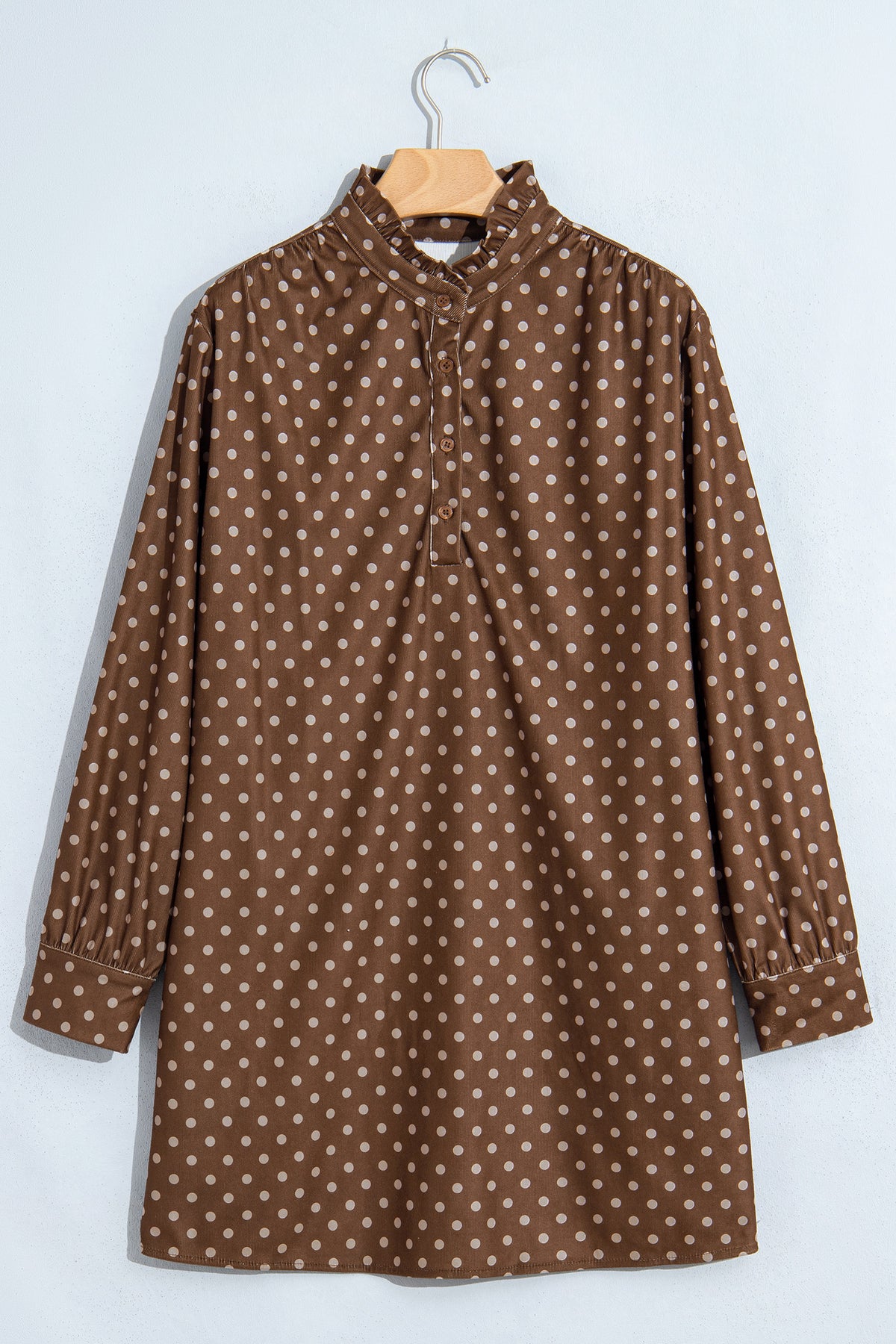 Brown Polka Dot V Neck Long Sleeve Button Shift Dress-TOPS / DRESSES-[Adult]-[Female]-2022 Online Blue Zone Planet