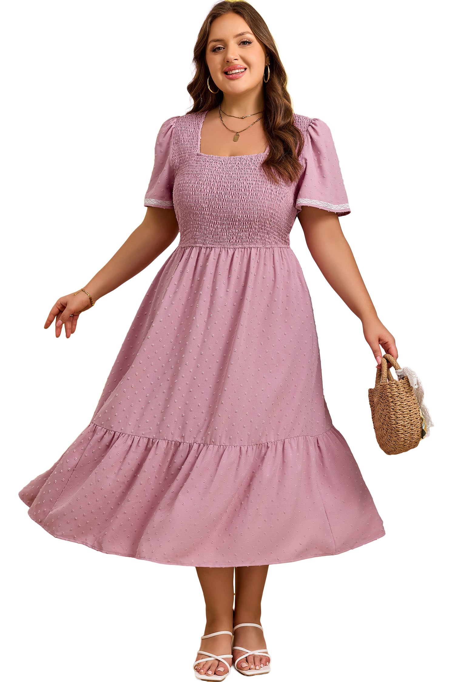 Pink Plus Size Swiss Dot Short Sleeve Smocked High Waist Flowy Midi Dress-TOPS / DRESSES-[Adult]-[Female]-2022 Online Blue Zone Planet