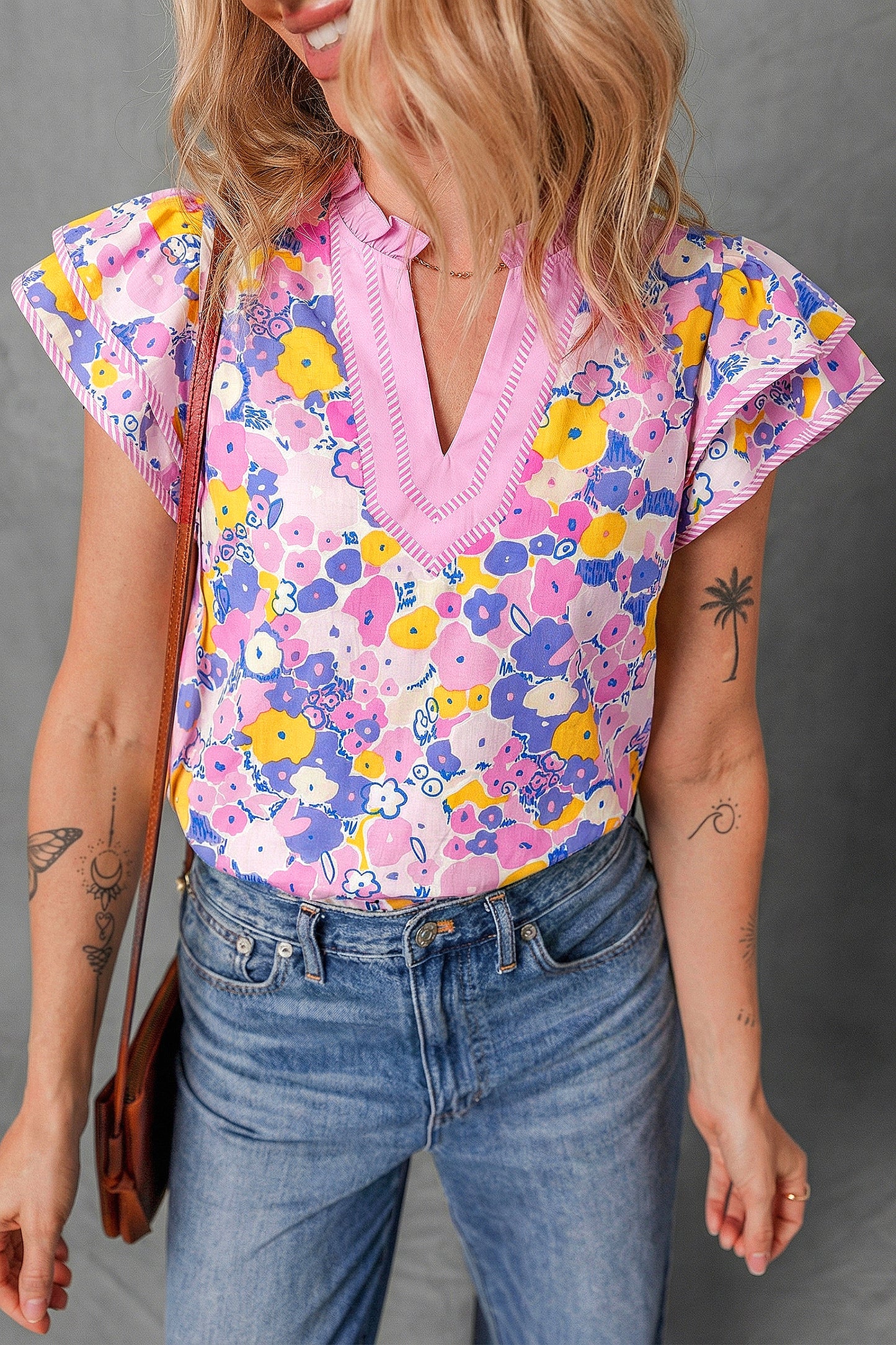Pink Playful Floral Print Striped Color Block Patchwork V Neck Flutter Sleeve Blouse-Tops/Blouses & Shirts-[Adult]-[Female]-Pink-S-2022 Online Blue Zone Planet