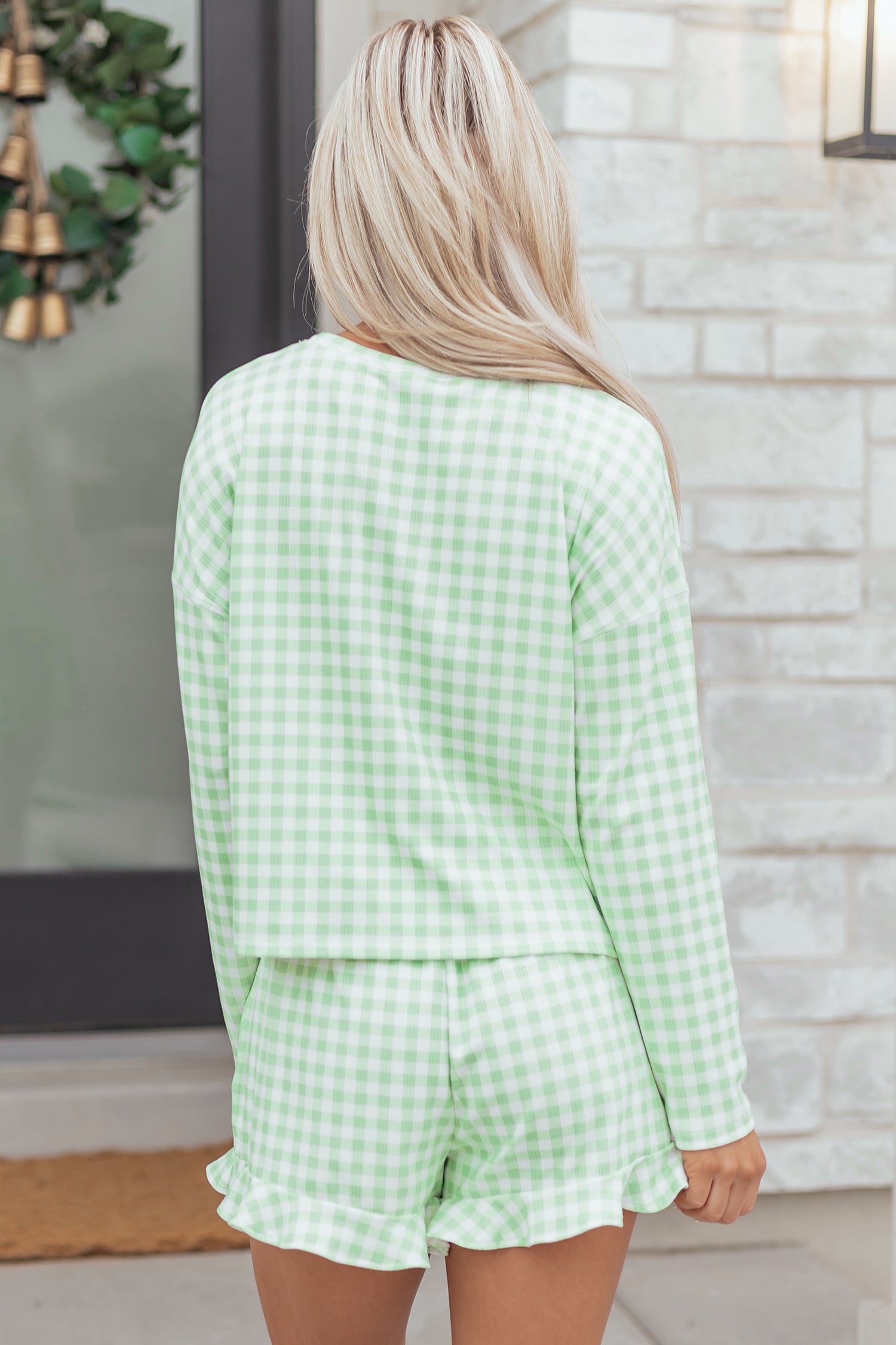 Green Gingham Long Sleeve Loose Top Drawstring Shorts 2pcs Lounge Set-Loungewear & Sleepwear/Loungewear-[Adult]-[Female]-2022 Online Blue Zone Planet