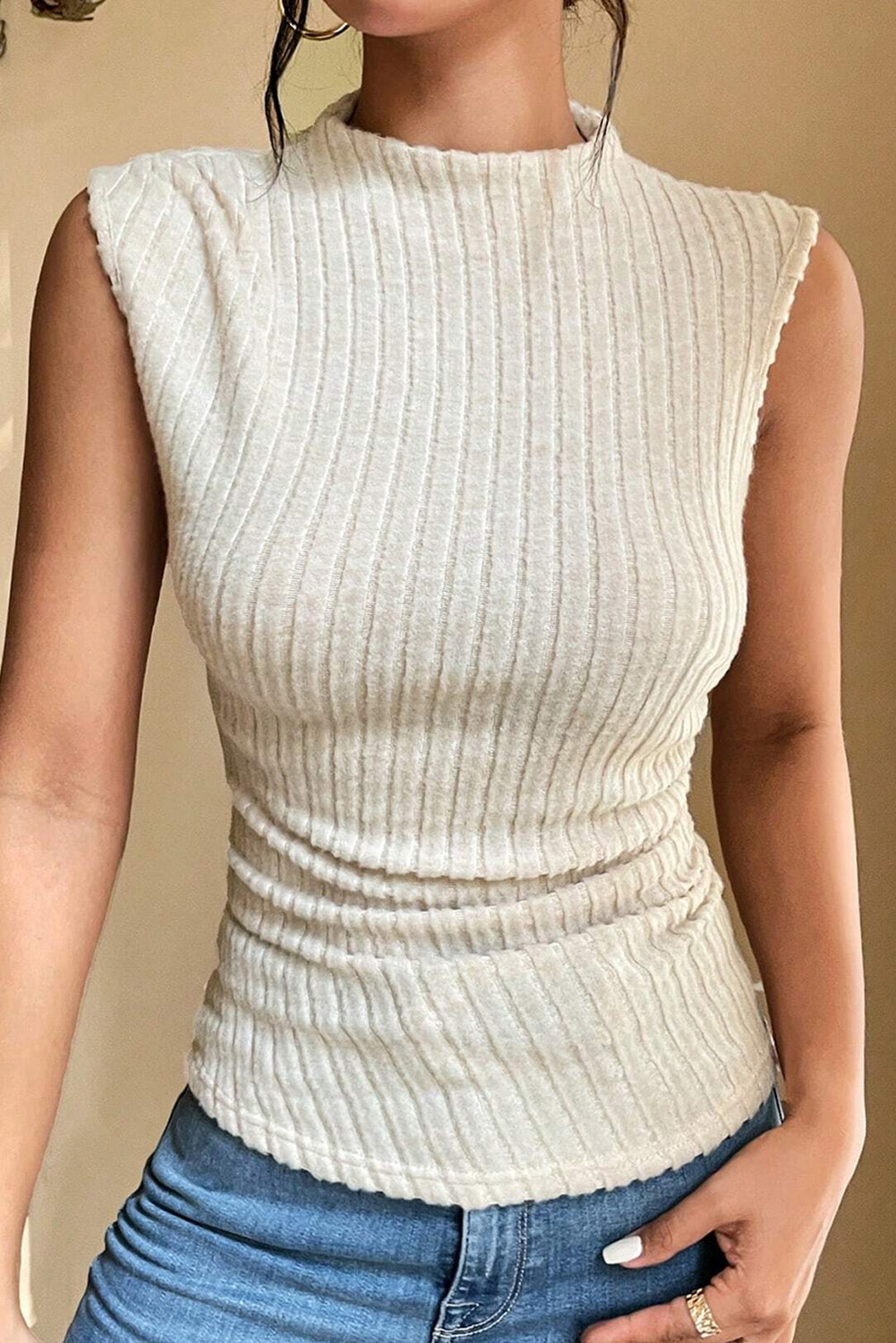 Apricot Ribbed Knit Mock Neck Tank Top-Tops/Tank Tops-[Adult]-[Female]-Apricot-S-2022 Online Blue Zone Planet