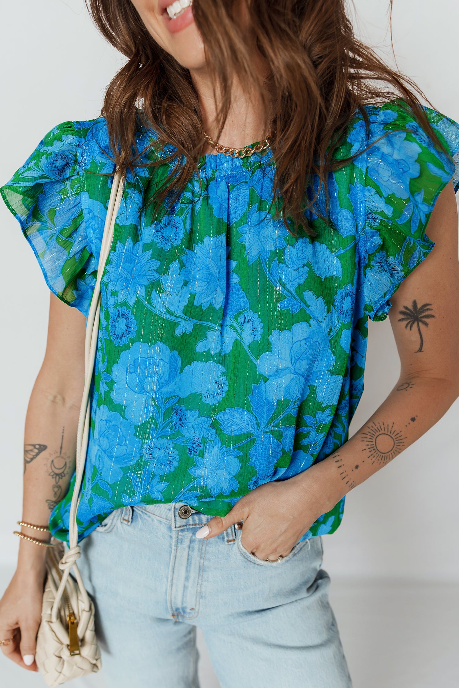 Green Floral Print Ruffled Sleeve Summer Blouse-Tops/Blouses & Shirts-[Adult]-[Female]-2022 Online Blue Zone Planet
