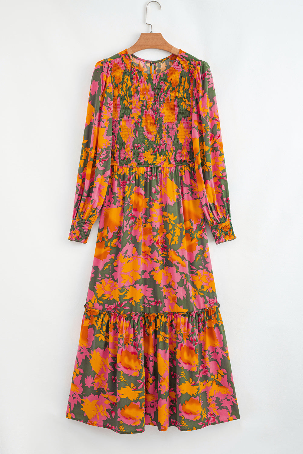 Orange Floral Puff Sleeve Smocked Bodice Ruffled Long Dress-TOPS / DRESSES-[Adult]-[Female]-2022 Online Blue Zone Planet